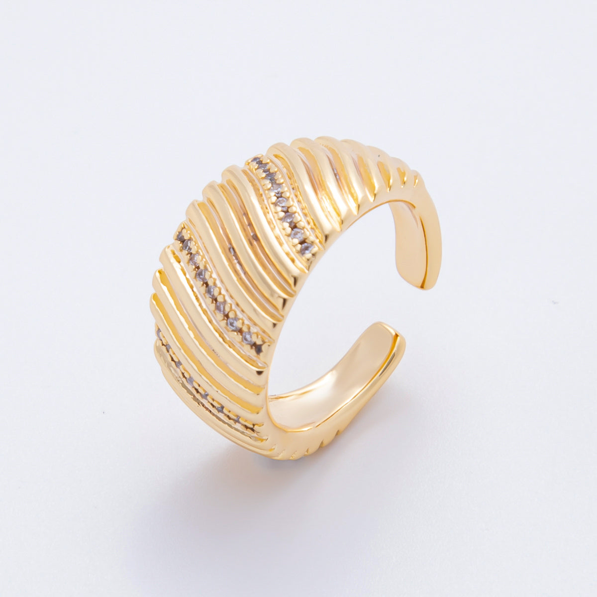 18K Gold Filled Micro Paved CZ Ribbed Line-Textured Wide Dome Ring | O485