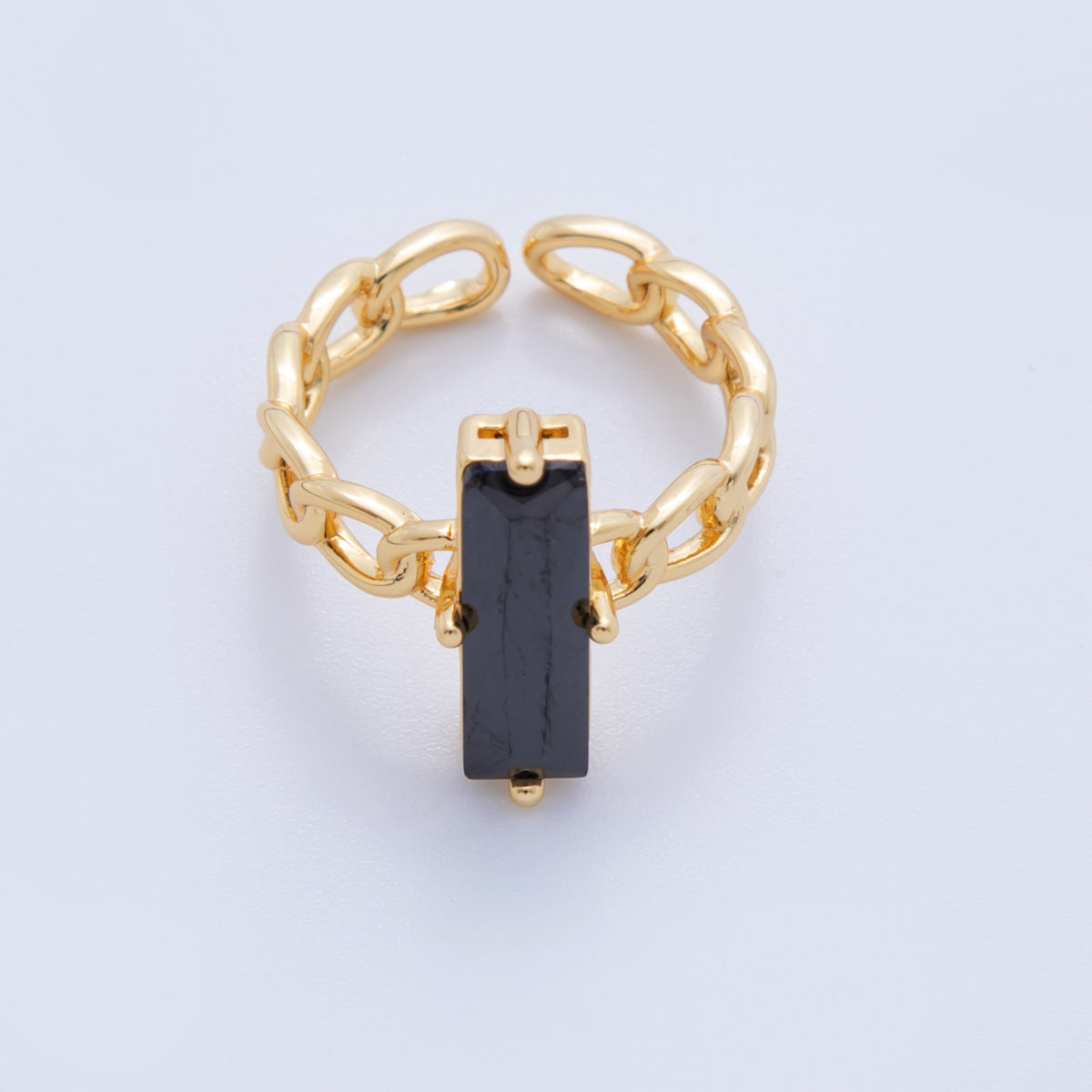 18K Gold Filled Black Baguette CZ Curb Band Solitaire Ring | O1838