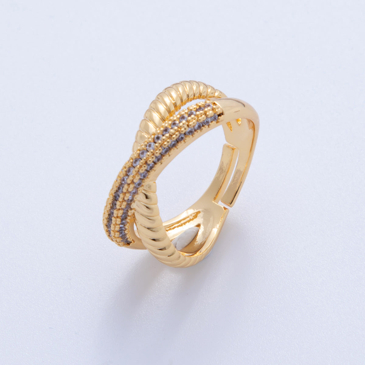 18K Gold Filled Micro Paved CZ Ribbed Crossed Band Ring | O1920
