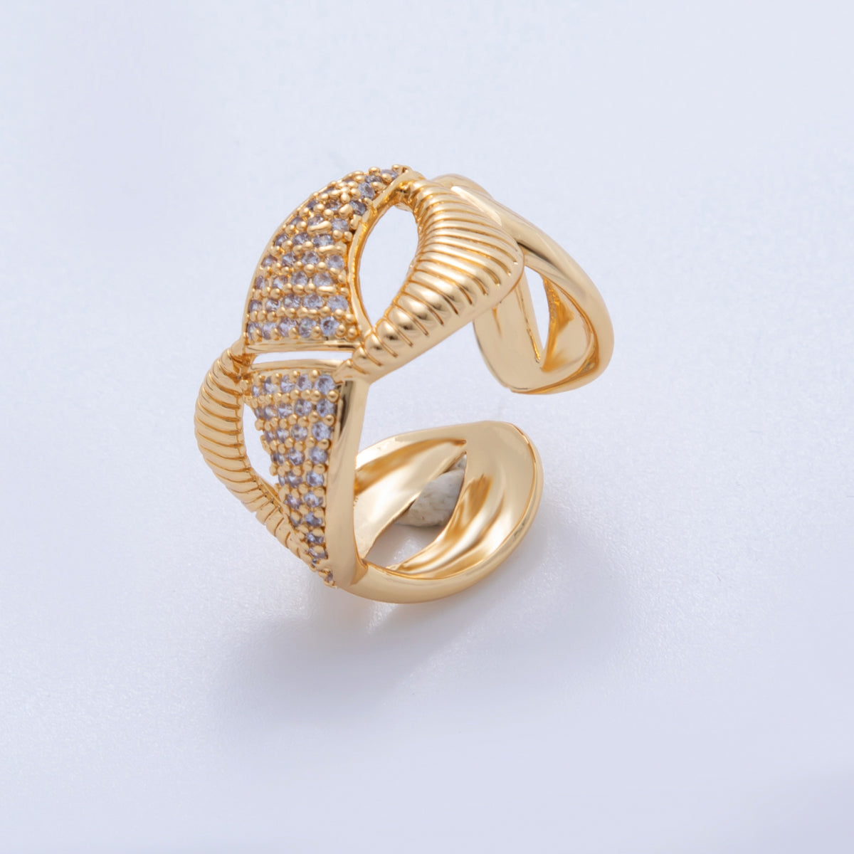 18K Gold Filled Micro Paved CZ Ribbed Geometric Crossed Band Ring | O2020