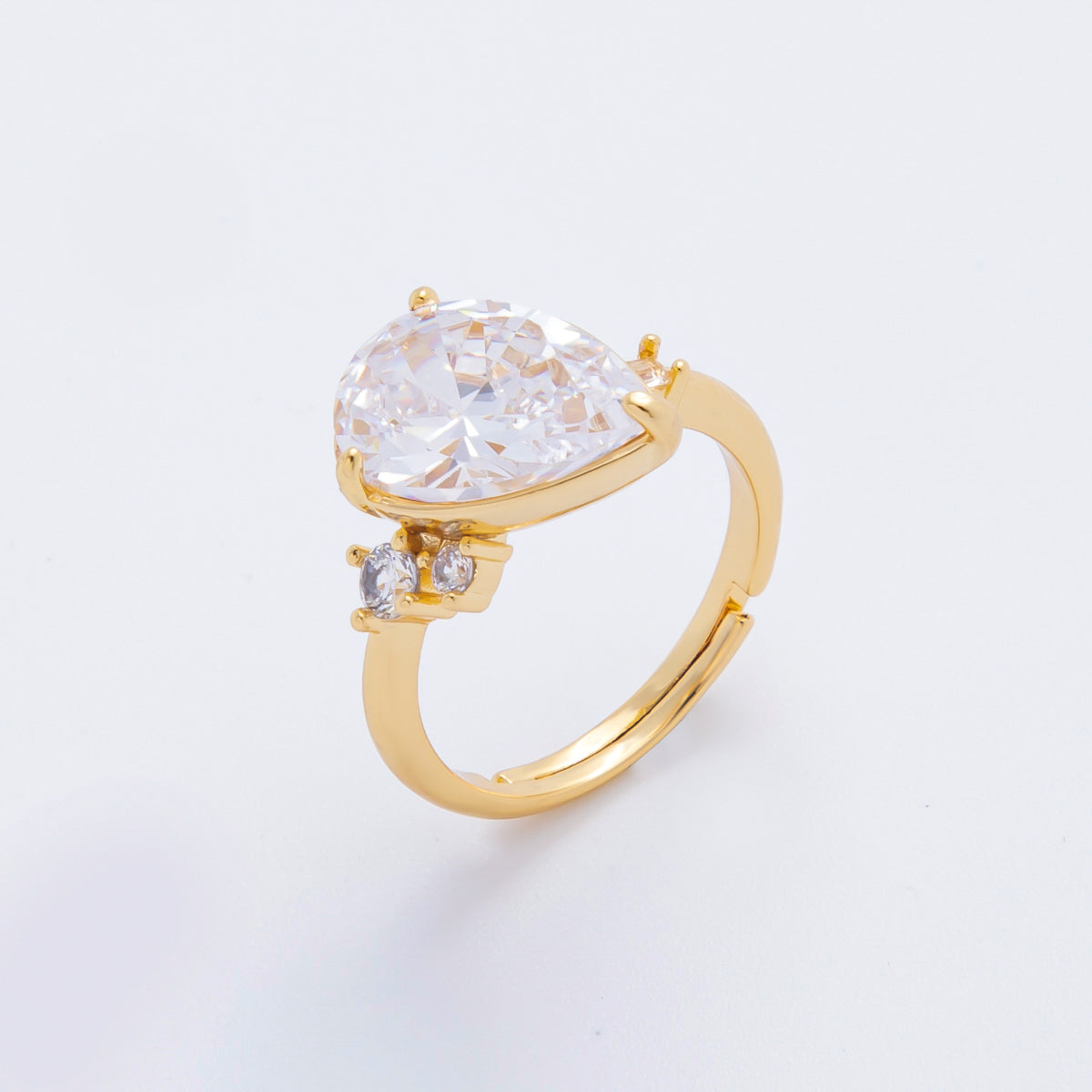 18K Gold Filled Clear, Pink Teardrop CZ Cluster Solitaire Adjustable Ring | O02187