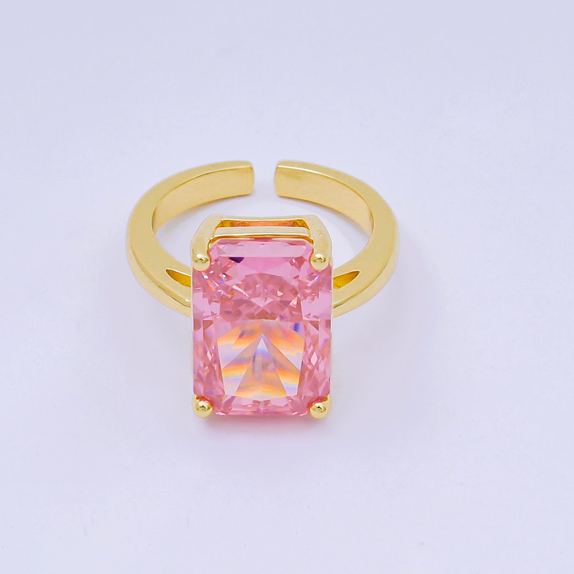 24K Gold Filled Pink & Clear Rectangular CZ Statement Solitaire Adjustable Ring | O-1035 O-1059