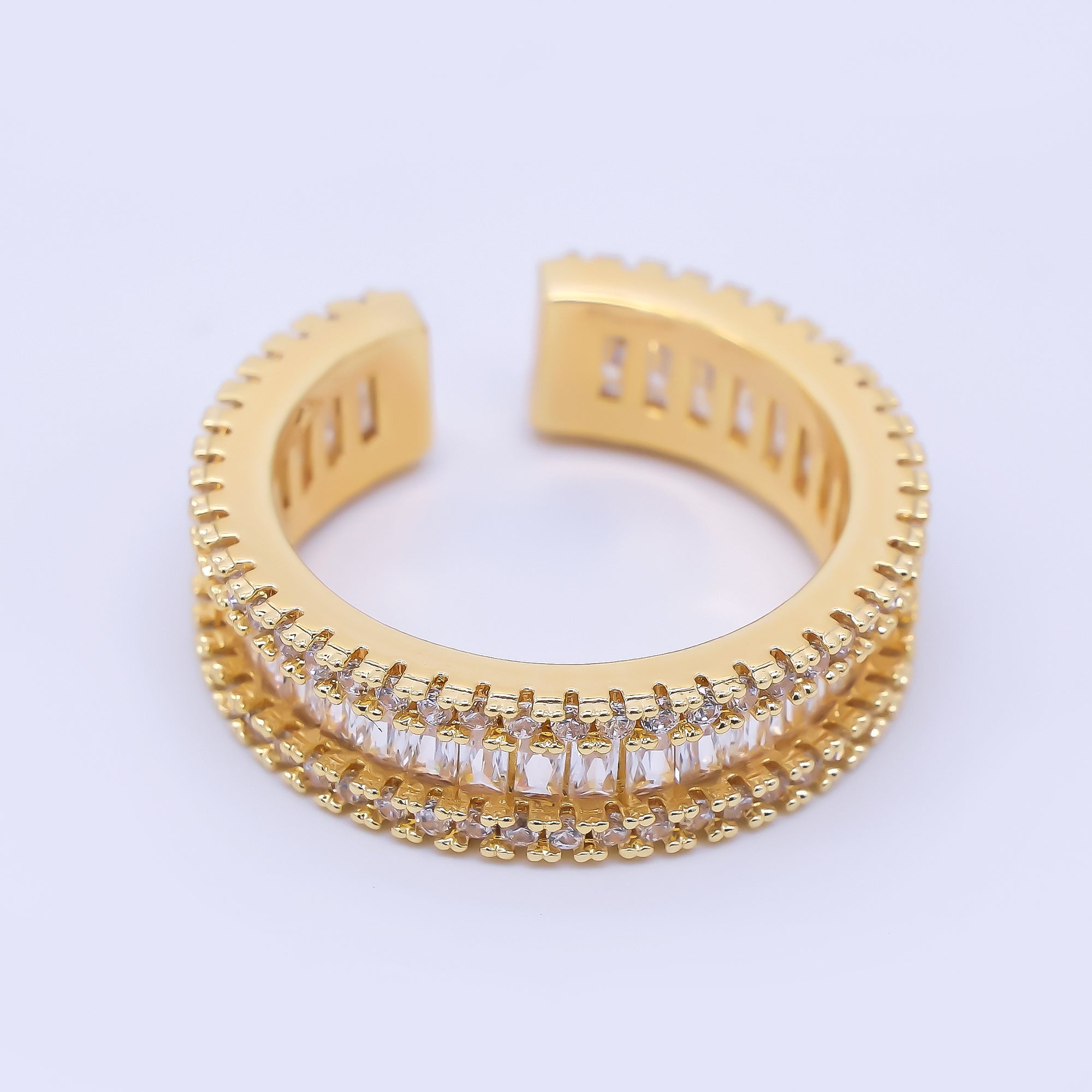 24K Gold Filled Baguette & Micro Paved CZ Simple Crown Adjustable Open Ring | O1037