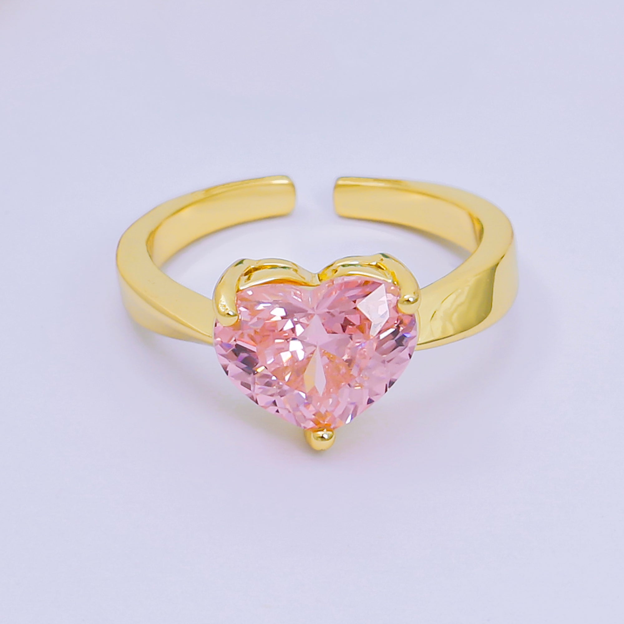 24K Gold Filled Heart-Shaped CZ Classic Love Solitaire Adjustable Ring in Green, Peach, & Pink | O-033 O-063 O-073 O-084, O-104 - O-106, O-108, O-110 - O-114, O-116