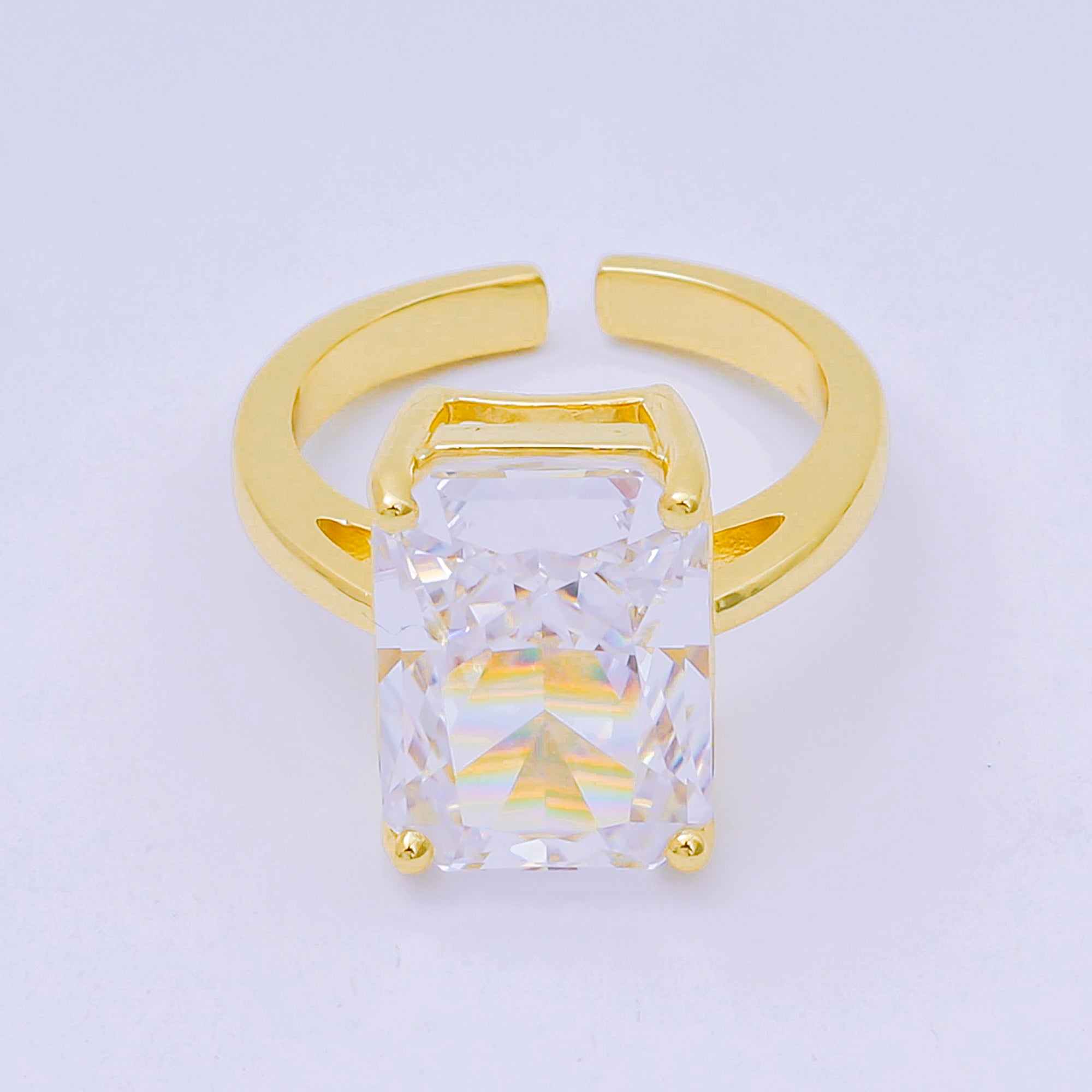 24K Gold Filled Pink & Clear Rectangular CZ Statement Solitaire Adjustable Ring | O-1035 O-1059