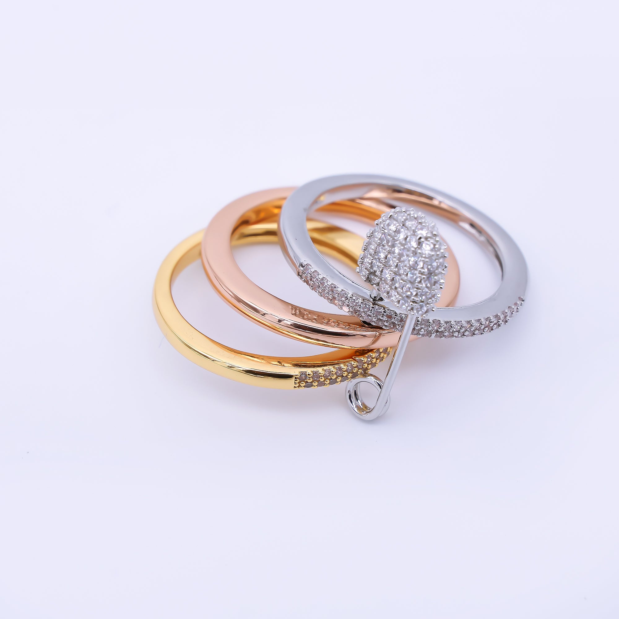 24K Gold Filled Mixed Metal Micro Paved CZ Brooch Interlocked Bands Stacking Ring | O1062 O1076 O1156 O1161
