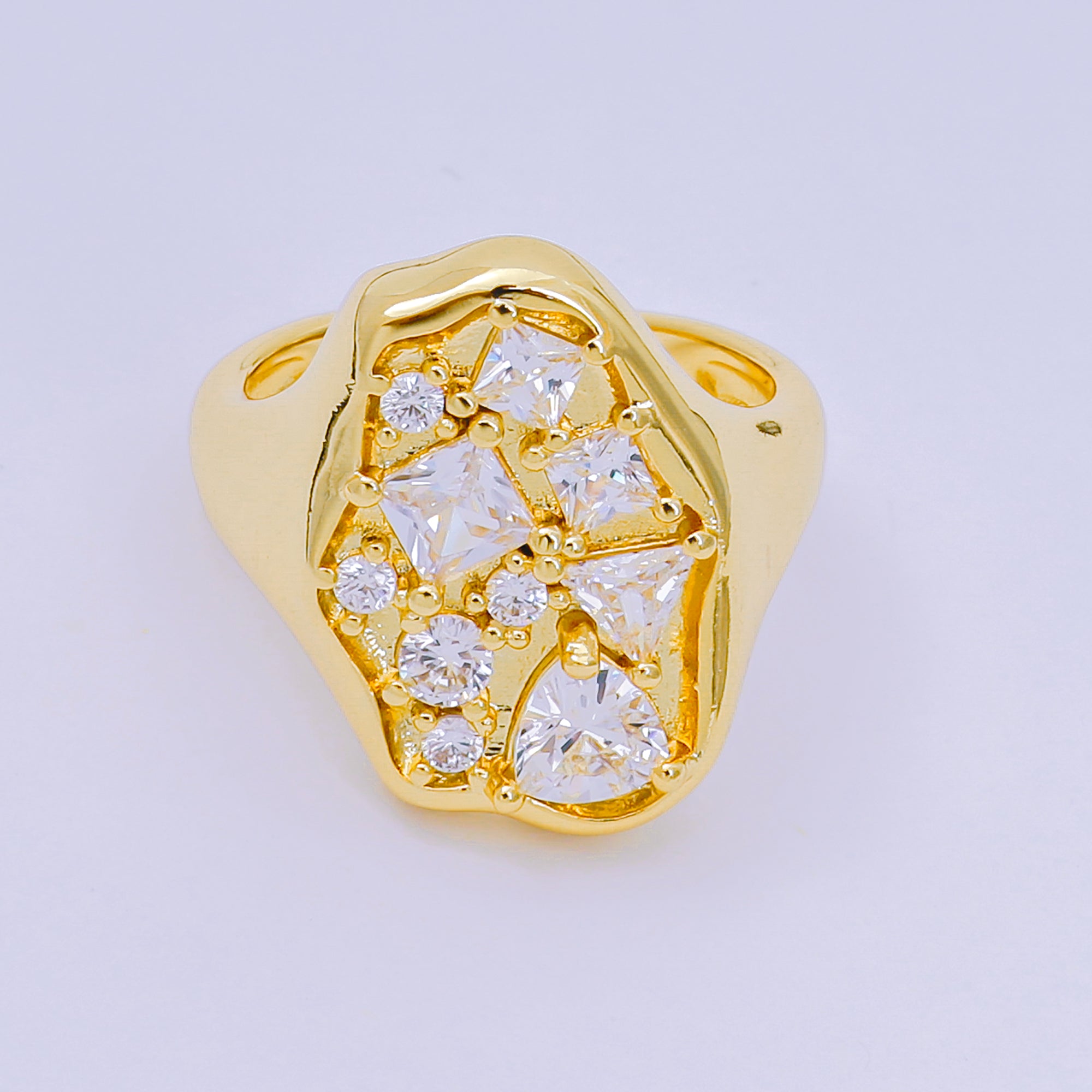 24K Gold Filled Mixed-Cut Clear CZ Abstract Cluster Adjustable Ring in Gold & Silver | O-1081 O-1091