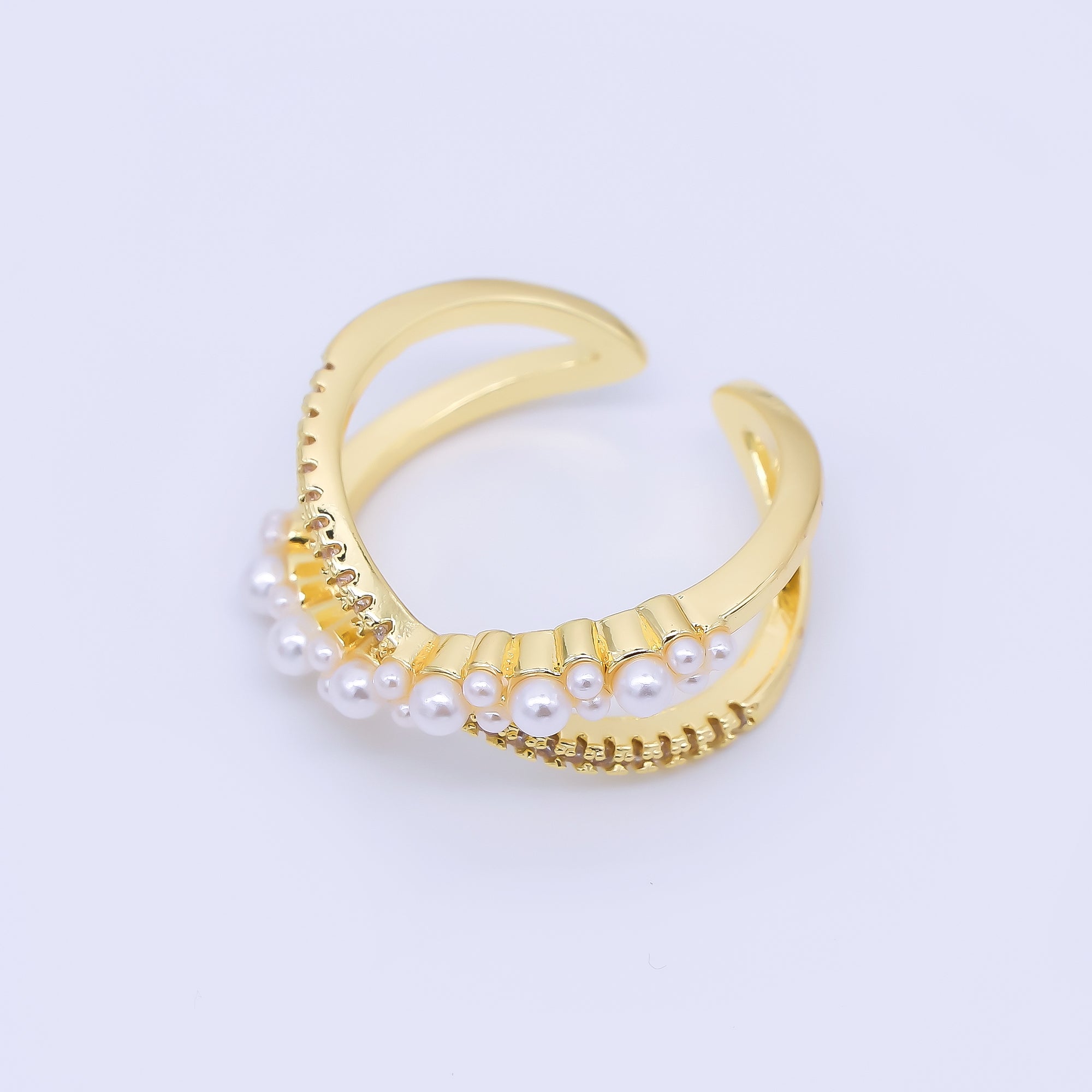 24K Gold Filled Micro Paved CZ Shell Pearl Twin Themed Gradient Adjustable Ring | O1164