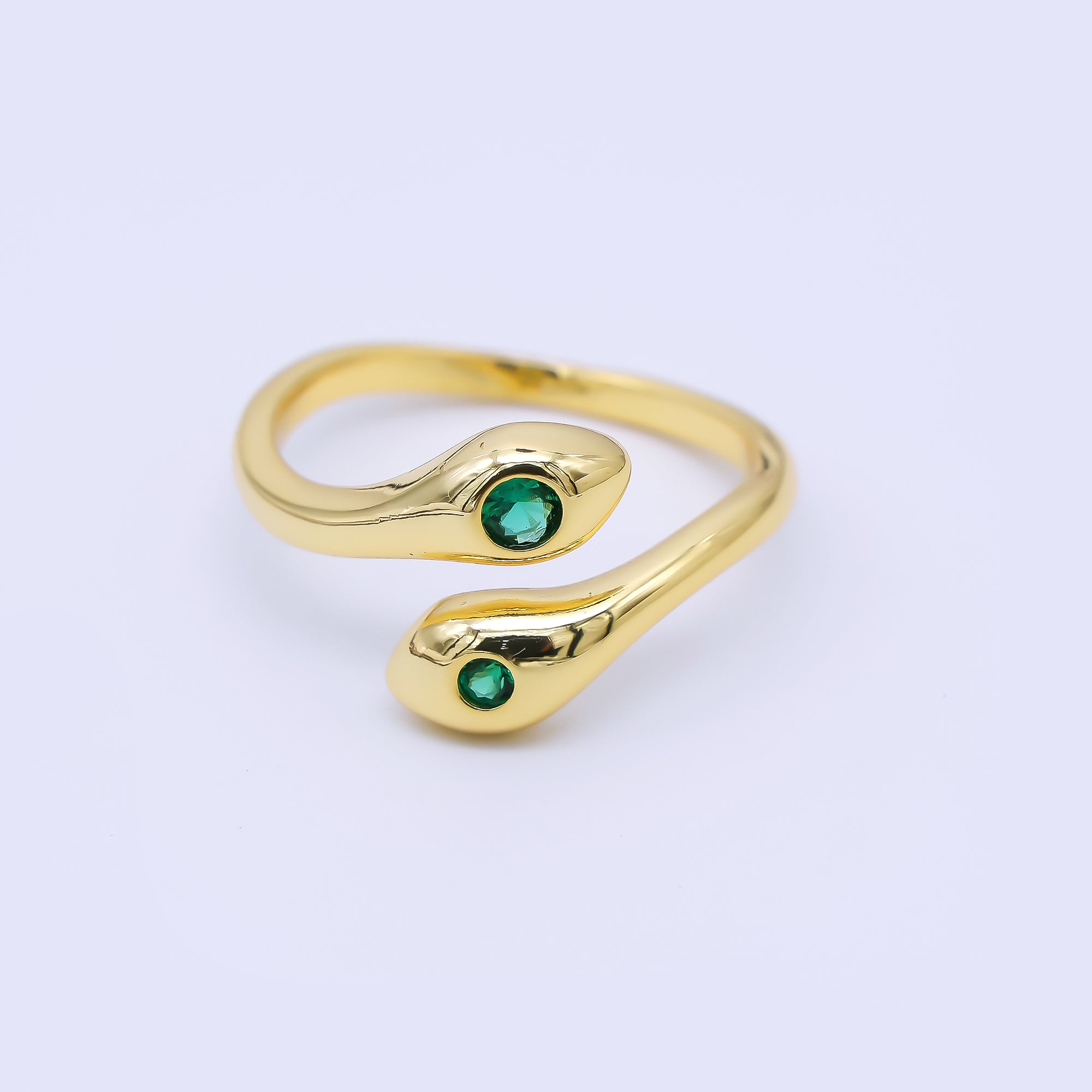 24K Gold Filled Green Round CZ Double Head Snake Adjustable Ring | O1175