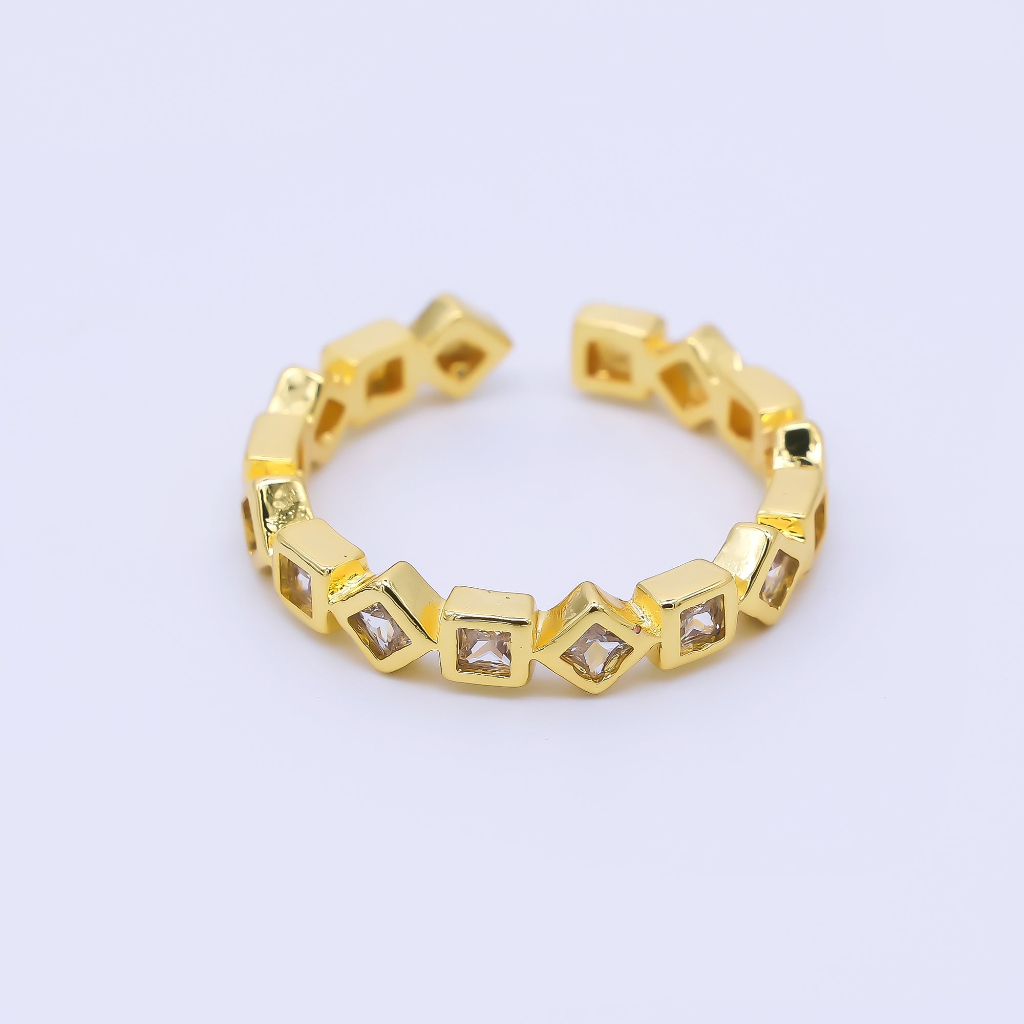 24K Gold Filled Rhombus, Square CZ Geometrical Pattern Adjustable Open Ring | O1182