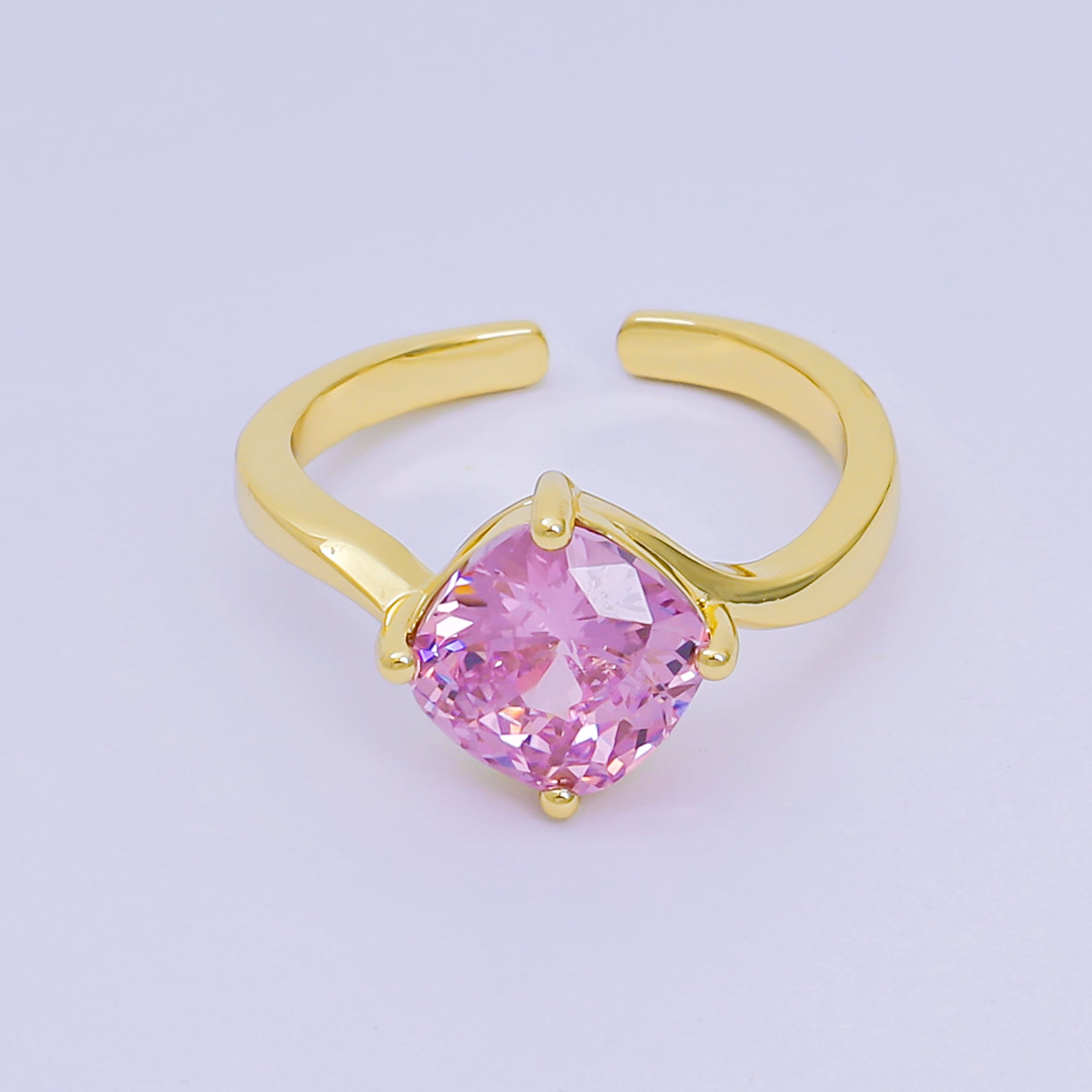 24K Gold Filled Cushion-Cut Multicolor CZ Curvy Square Solitaire Adjustable Ring in Blue, Yellow, & Red | O-119 O-121 O-127 O-134, O-136 - O-140, O-143 - O-145, O-147 O-148