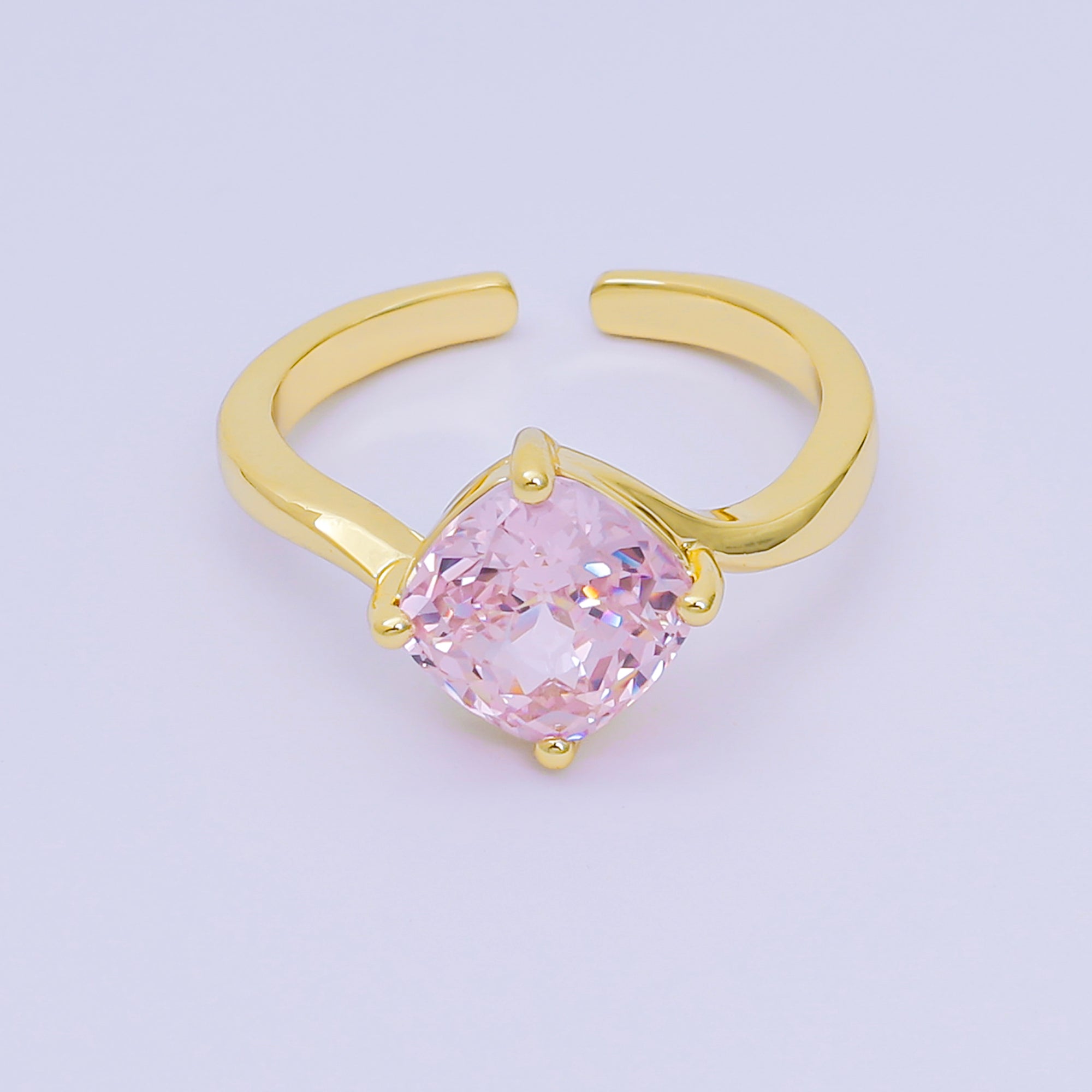 24K Gold Filled Cushion-Cut Multicolor CZ Curvy Square Solitaire Adjustable Ring in Blue, Yellow, & Red | O-119 O-121 O-127 O-134, O-136 - O-140, O-143 - O-145, O-147 O-148