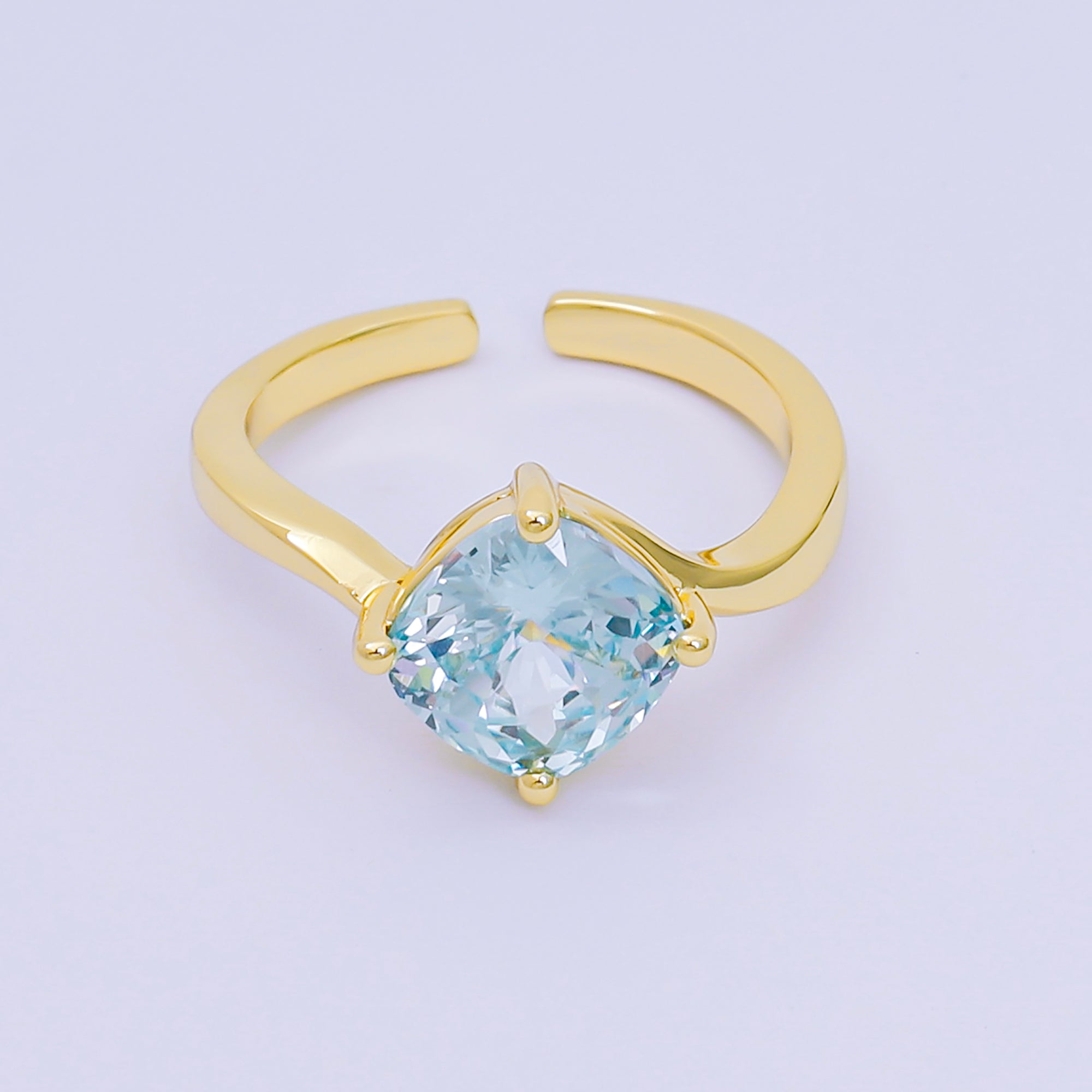 24K Gold Filled Cushion-Cut Multicolor CZ Curvy Square Solitaire Adjustable Ring in Blue, Yellow, & Red | O-119 O-121 O-127 O-134, O-136 - O-140, O-143 - O-145, O-147 O-148
