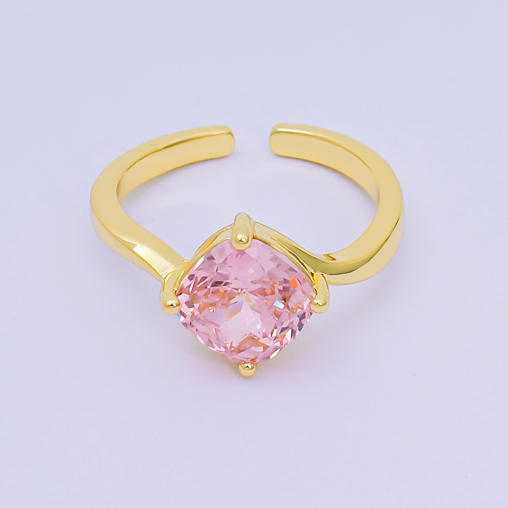 24K Gold Filled Cushion-Cut Multicolor CZ Curvy Square Solitaire Adjustable Ring in Blue, Yellow, & Red | O-119 O-121 O-127 O-134, O-136 - O-140, O-143 - O-145, O-147 O-148