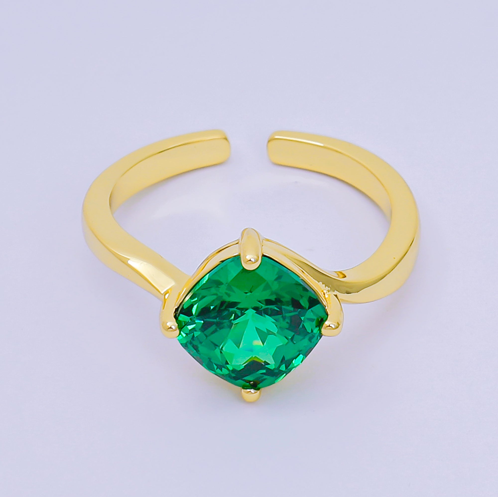 24K Gold Filled Cushion-Cut Multicolor CZ Curvy Square Solitaire Adjustable Ring in Blue, Yellow, & Red | O-119 O-121 O-127 O-134, O-136 - O-140, O-143 - O-145, O-147 O-148