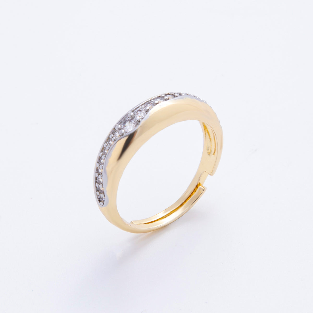 18K Gold Filled Mixed Metal Micro Paved CZ Dainty CZ Thin Band Adjustable Ring | O140