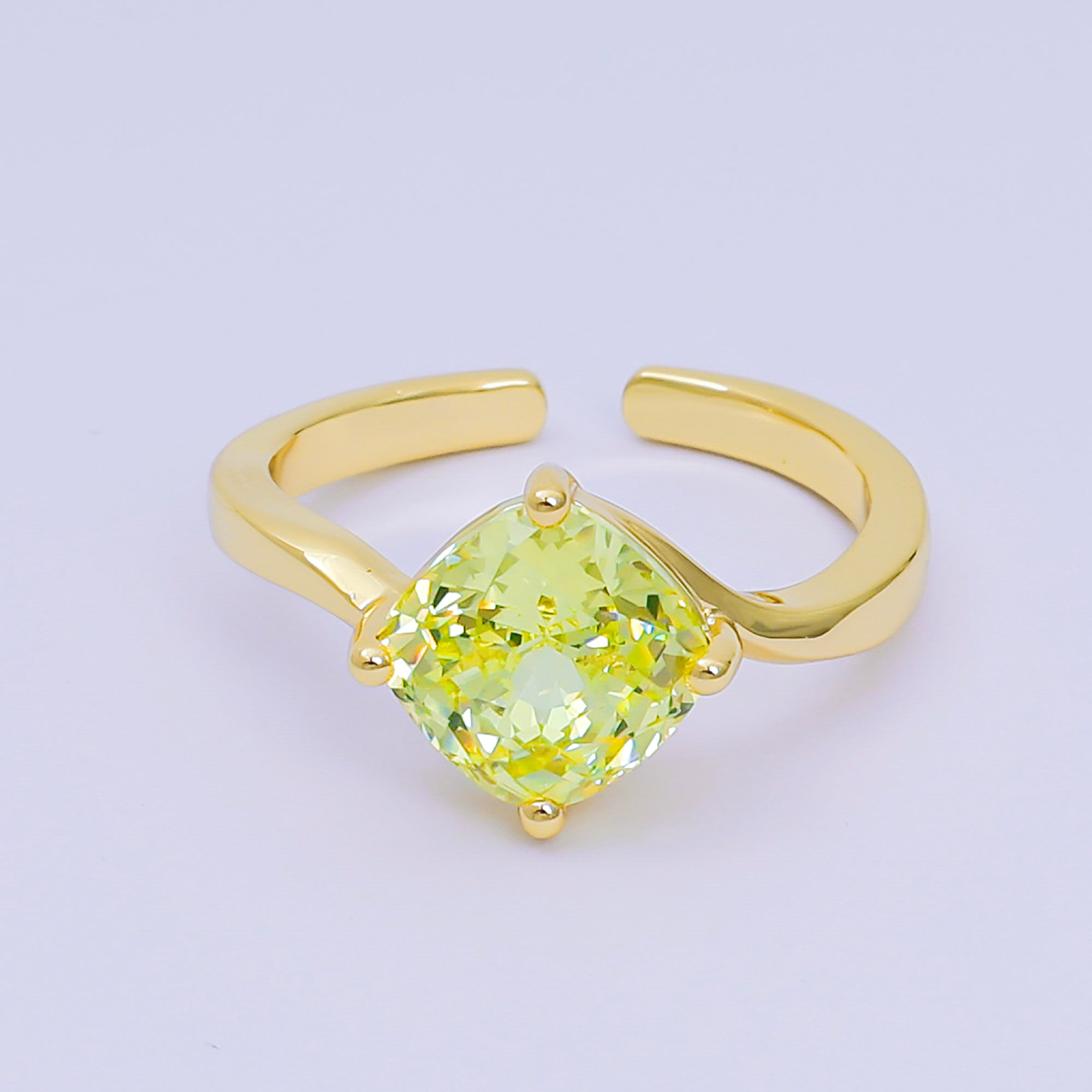 24K Gold Filled Cushion-Cut Multicolor CZ Curvy Square Solitaire Adjustable Ring in Blue, Yellow, & Red | O-119 O-121 O-127 O-134, O-136 - O-140, O-143 - O-145, O-147 O-148