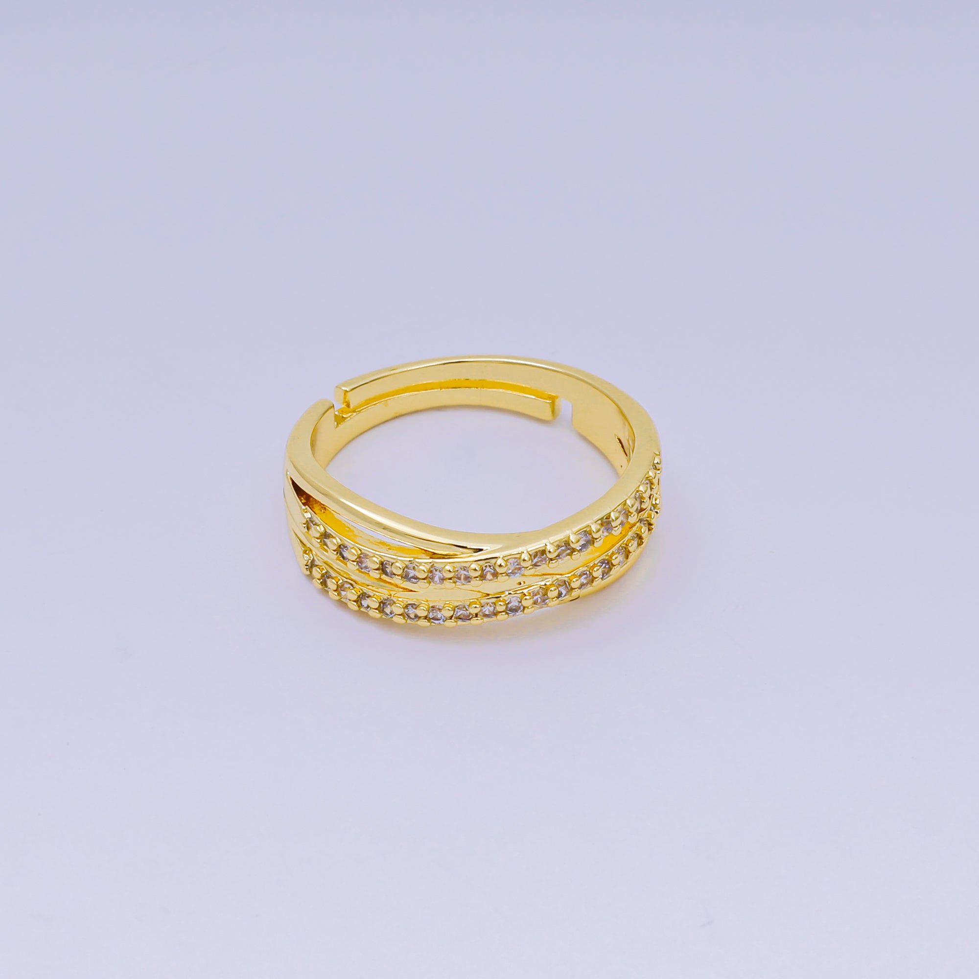 24K Gold Filled Micro Paved CZ Criss Cross Adjustable Ring | O-1450