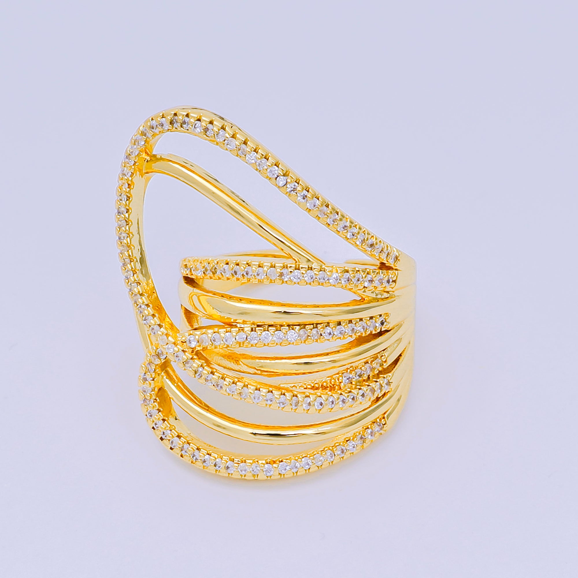 24K Gold Filled Micro Paved CZ Cascade Stackable Wave Adjustable Ring | O-1477
