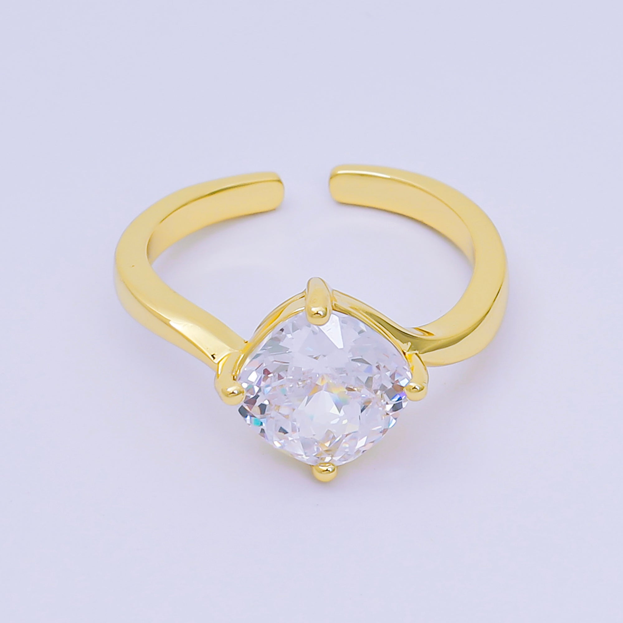 24K Gold Filled Cushion-Cut Multicolor CZ Curvy Square Solitaire Adjustable Ring in Blue, Yellow, & Red | O-119 O-121 O-127 O-134, O-136 - O-140, O-143 - O-145, O-147 O-148