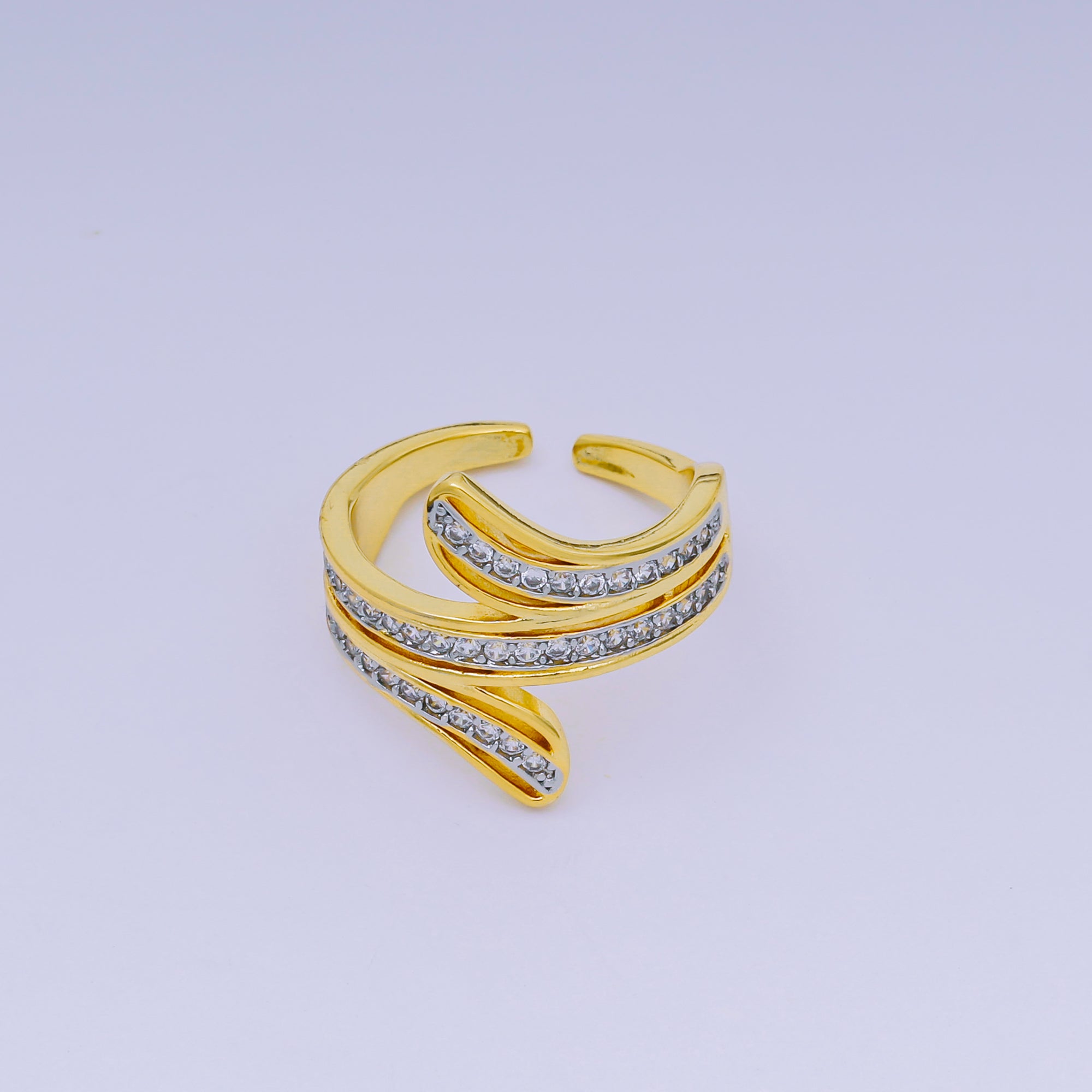 24K Gold Filled Micro Paved CZ Triple Line Wrap Adjustable Ring | O-1486