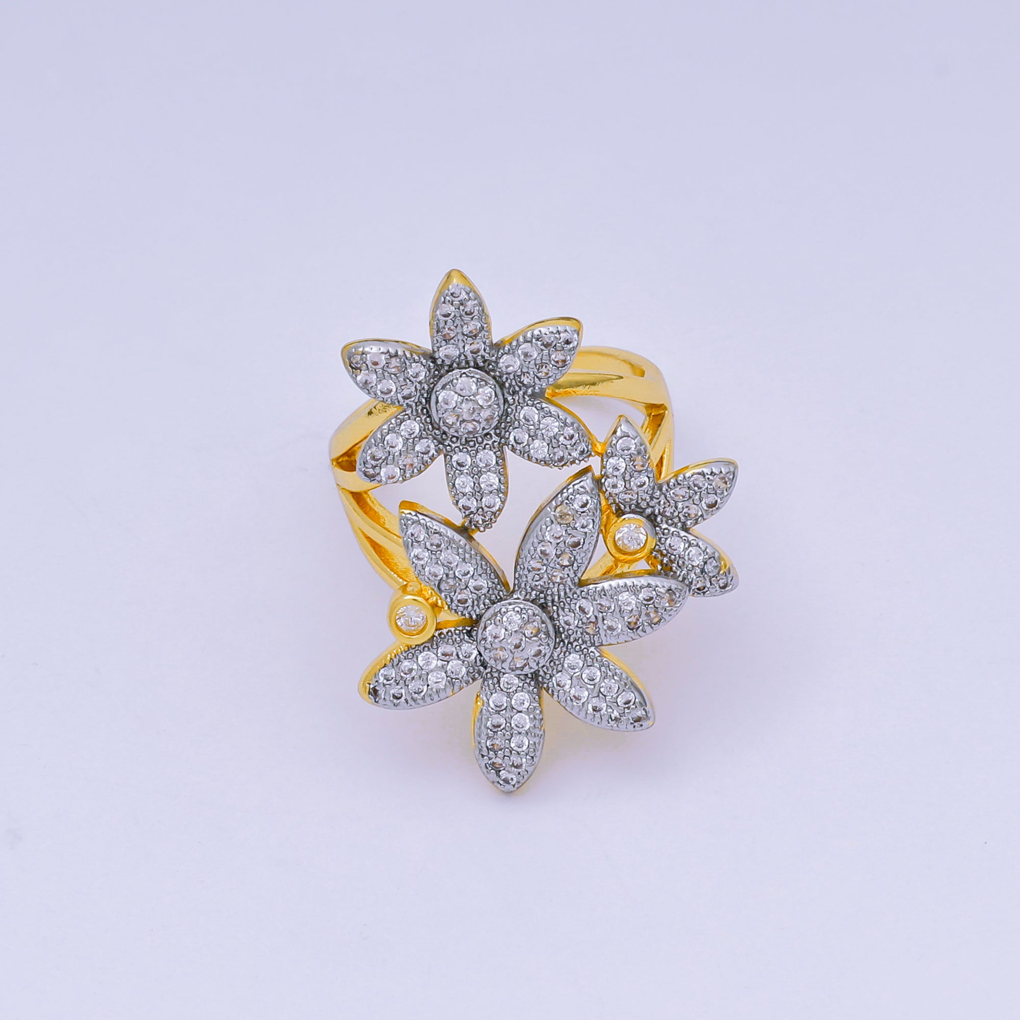 24K Gold Filled Micro Paved CZ Two-Tone Triple Blooming of Flower Adjustable Ring | O-1487