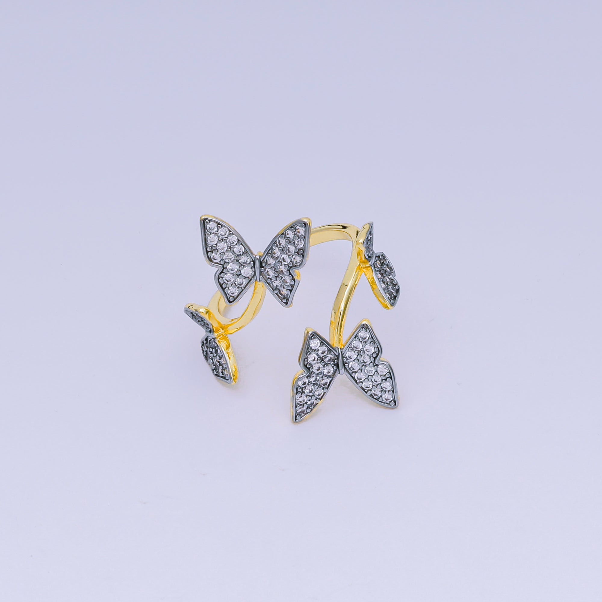 24K Gold Filled Micro Paved CZ Two-Tone Butterfly Garden Adjustable Ring | O-1488