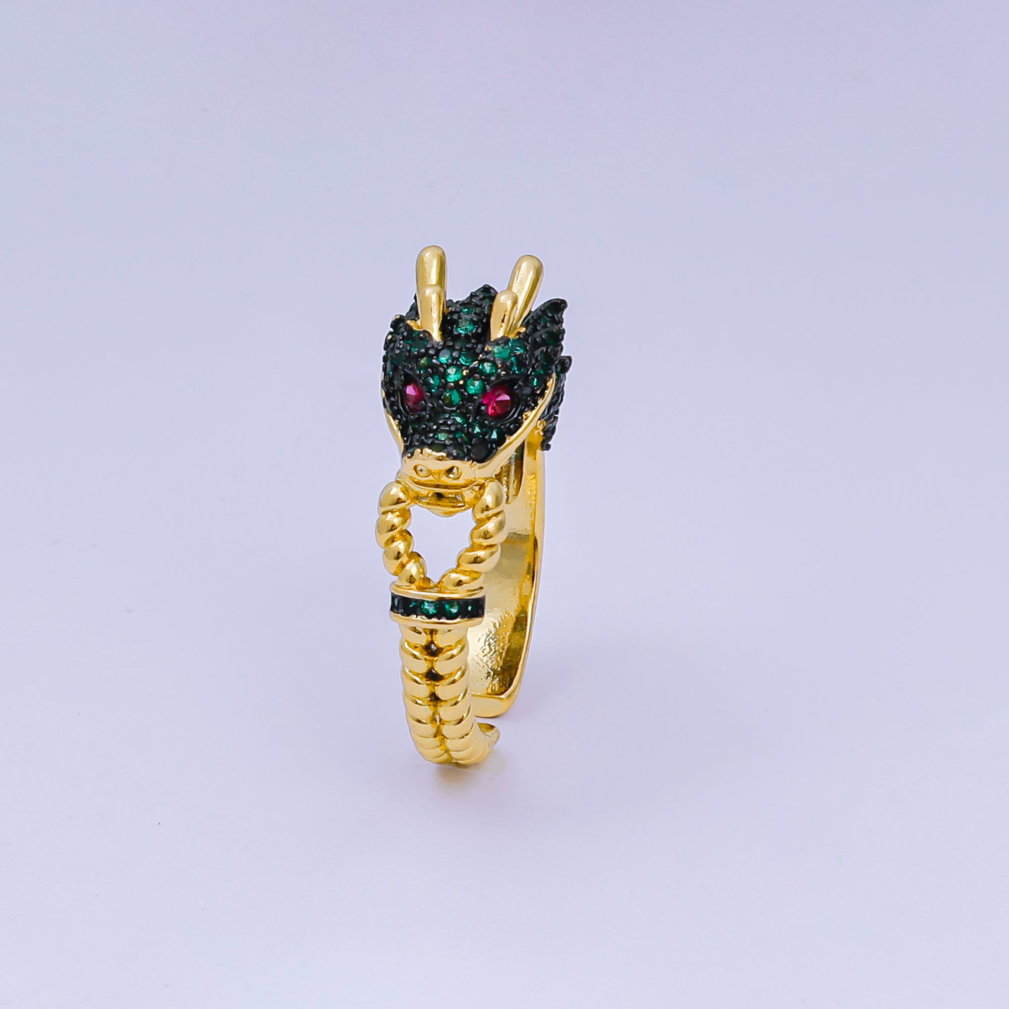 24K Gold Filled Red & Green Micro Paved CZ Enamel Art Mythical Dragon Adjustable Ring in Black & Grey | O-1489 O-1490