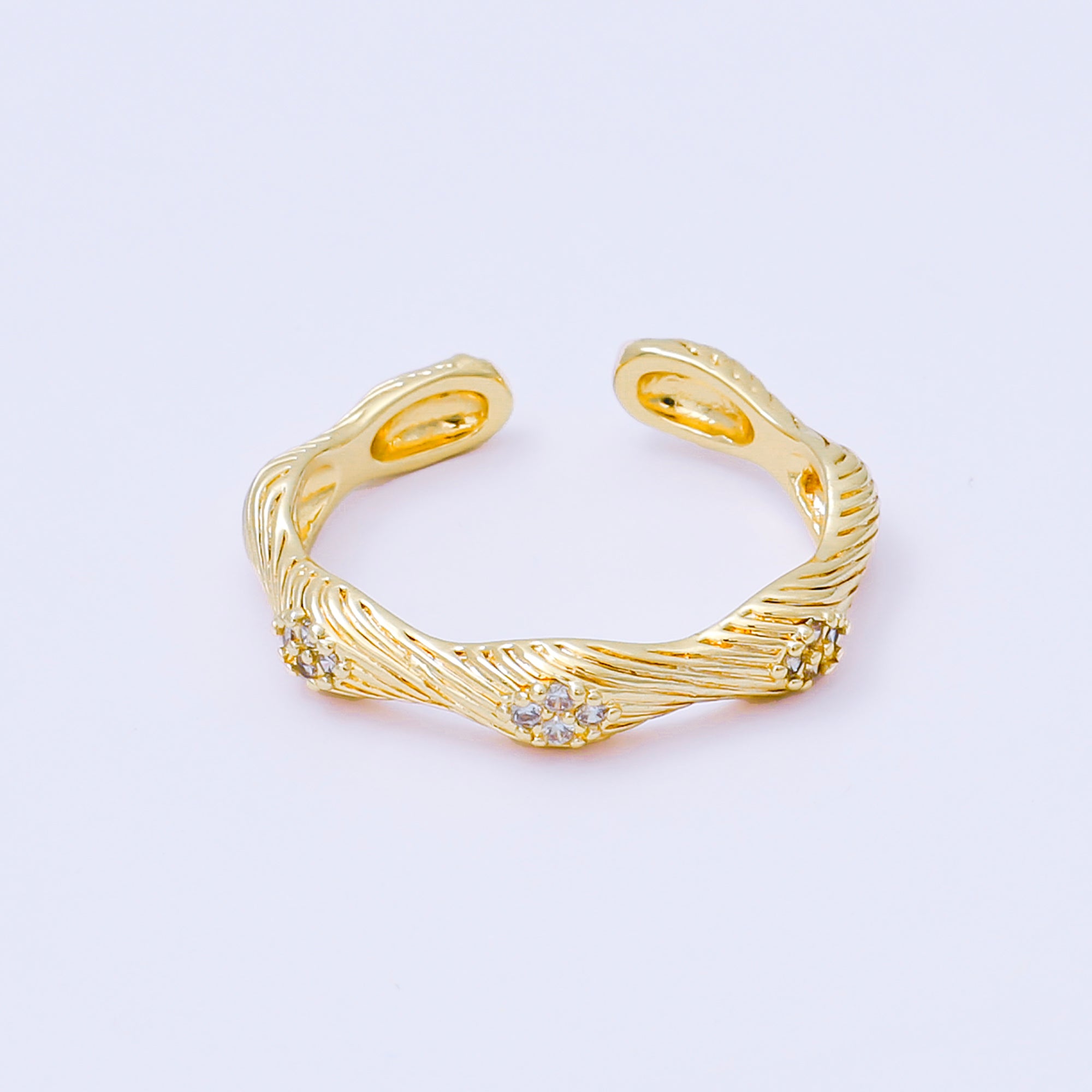 24K Gold Filled Micro Paved Twisted Line-Textured Ribbed Ring | O158