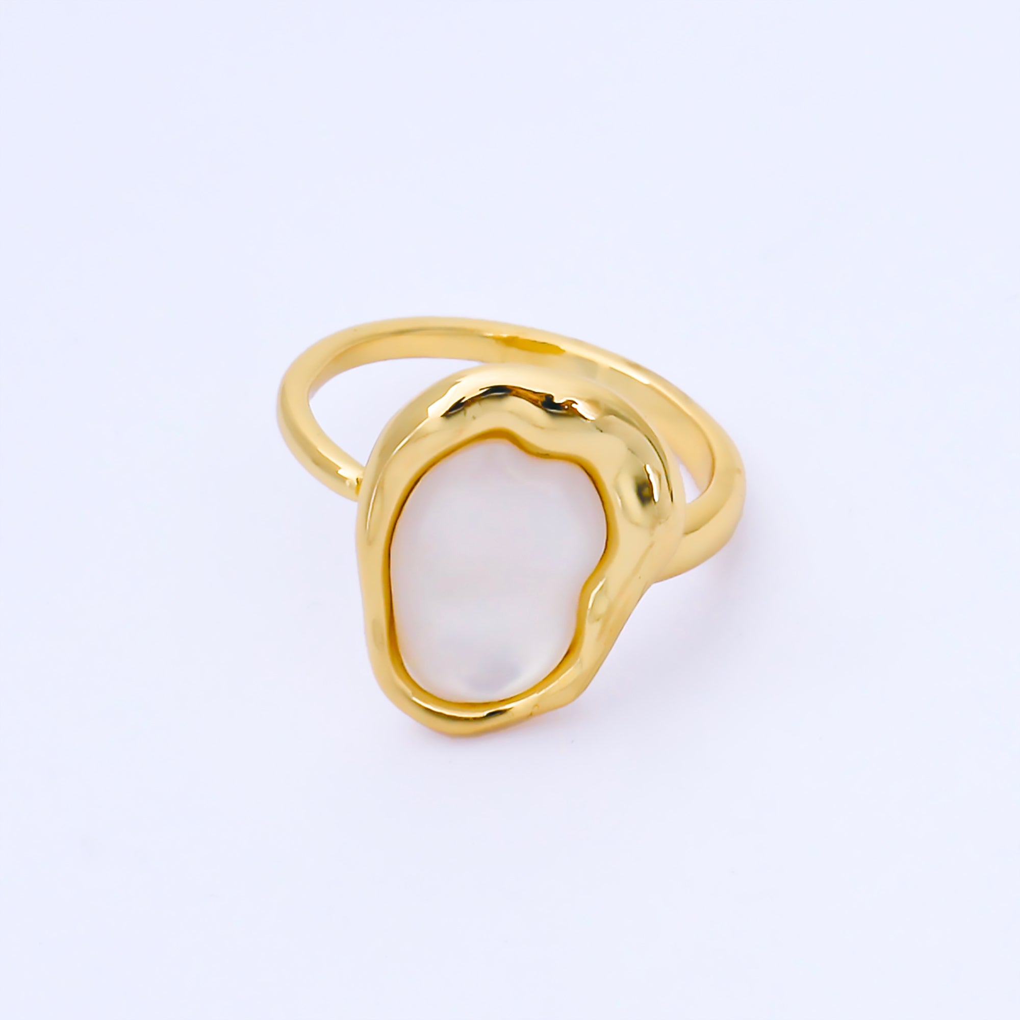 24K Gold Filled Shell Pearl Molten Bezel Solitaire Adjustable Ring | O1667
