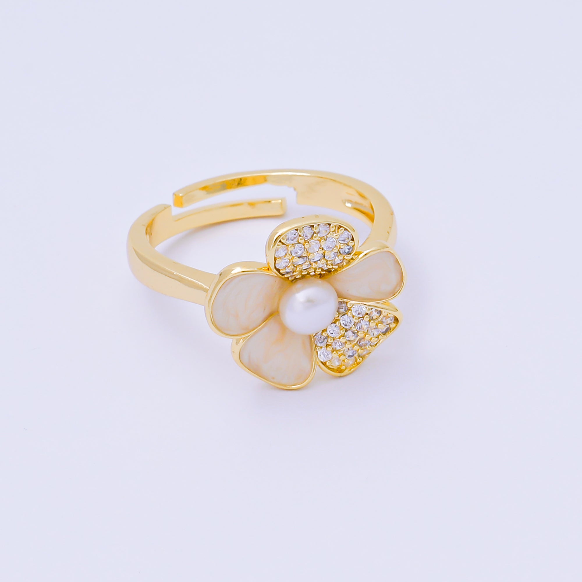 24K Gold Filled Shell Pearl Micro Paved CZ Daisy Flower Adjustable Ring | O2228