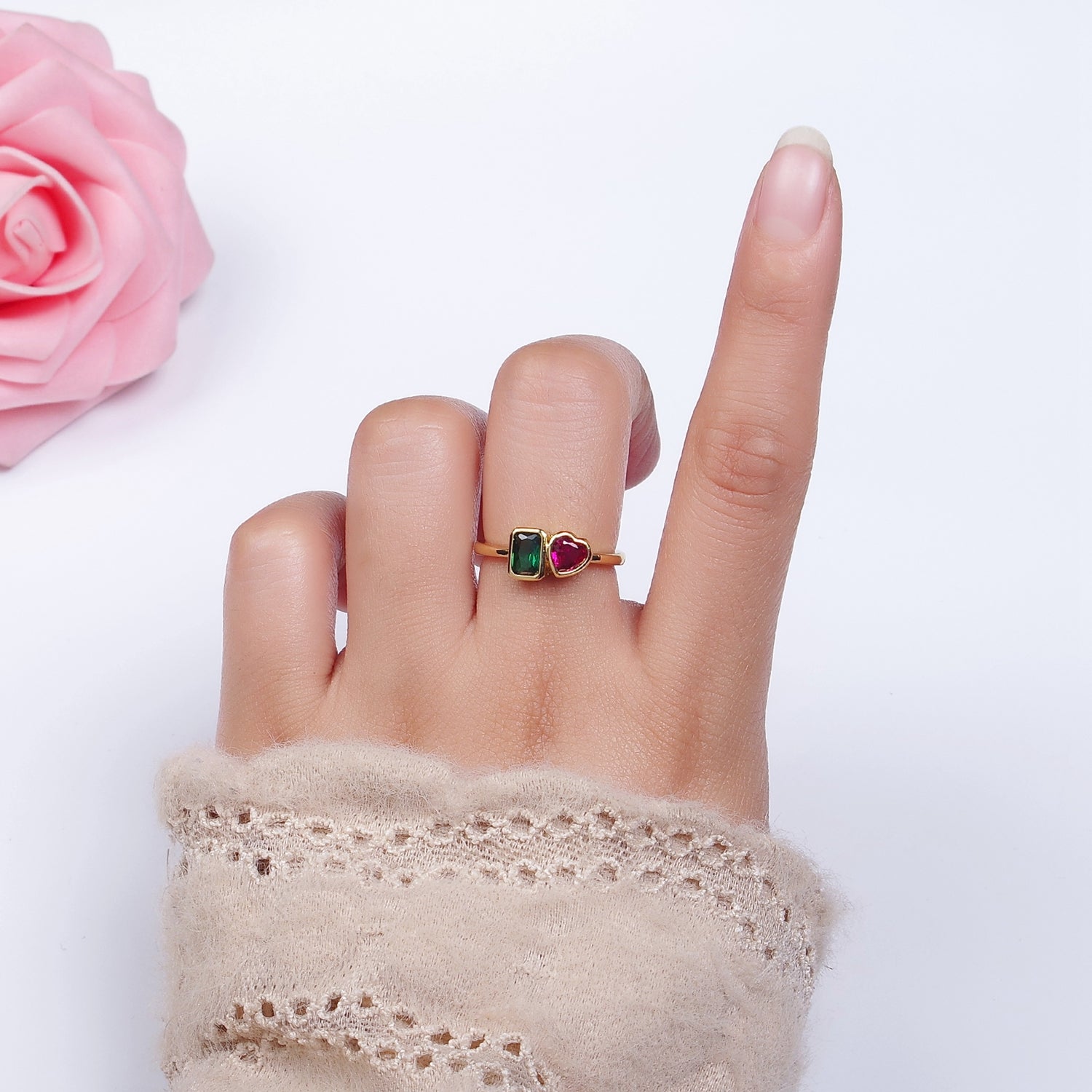 14K Gold Filled Green Baguette Fuchsia Heart Ring | O-580