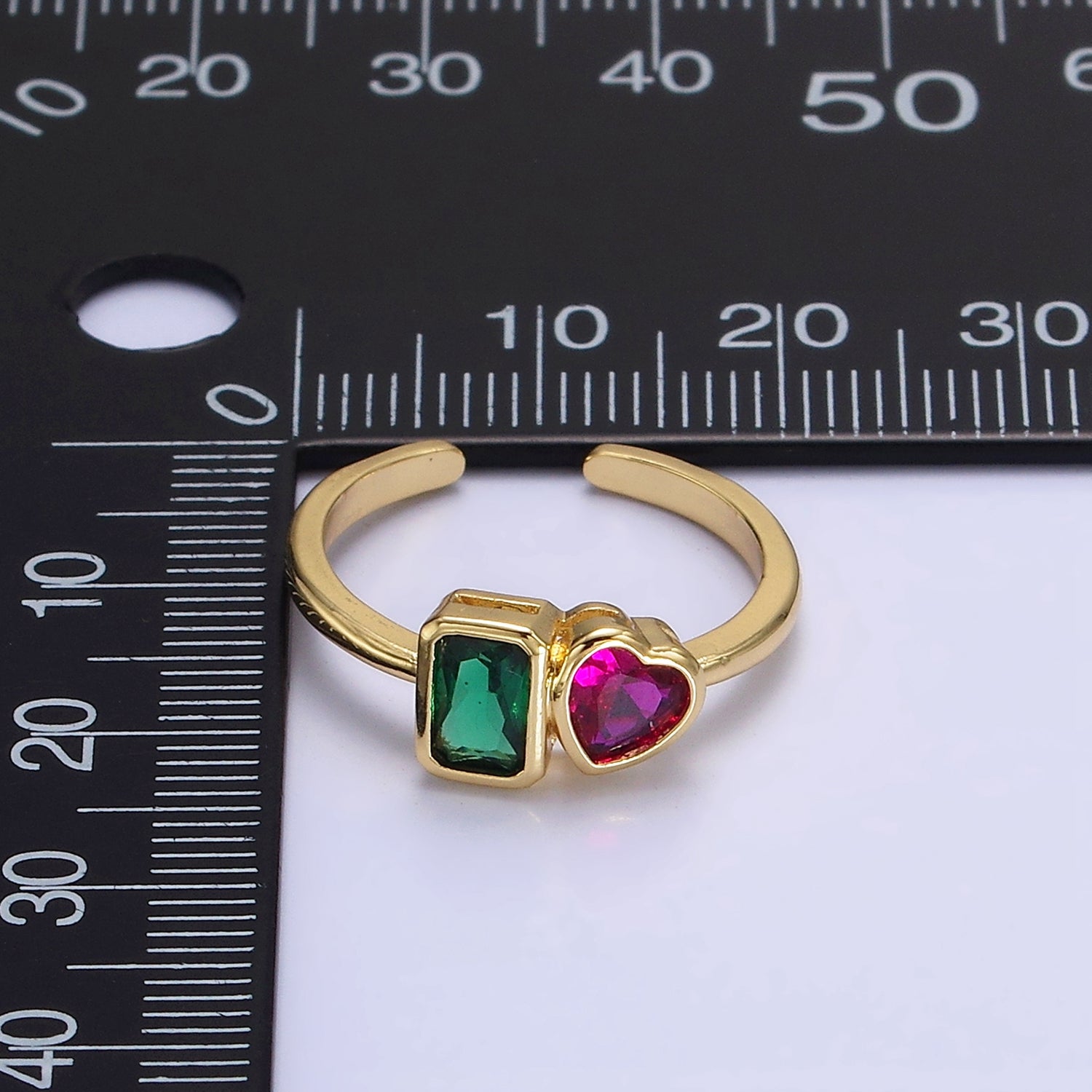 14K Gold Filled Green Baguette Fuchsia Heart Ring | O-580