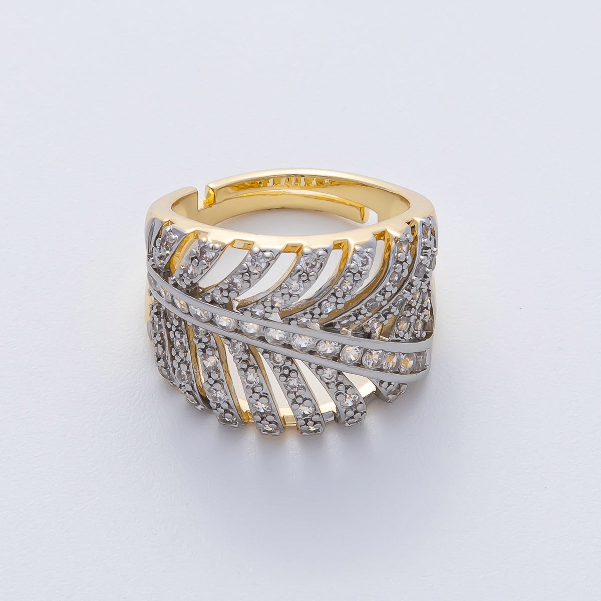 18K Gold Filled Mixed Metal Micro Paved CZ Palm Leaf Ring | O759