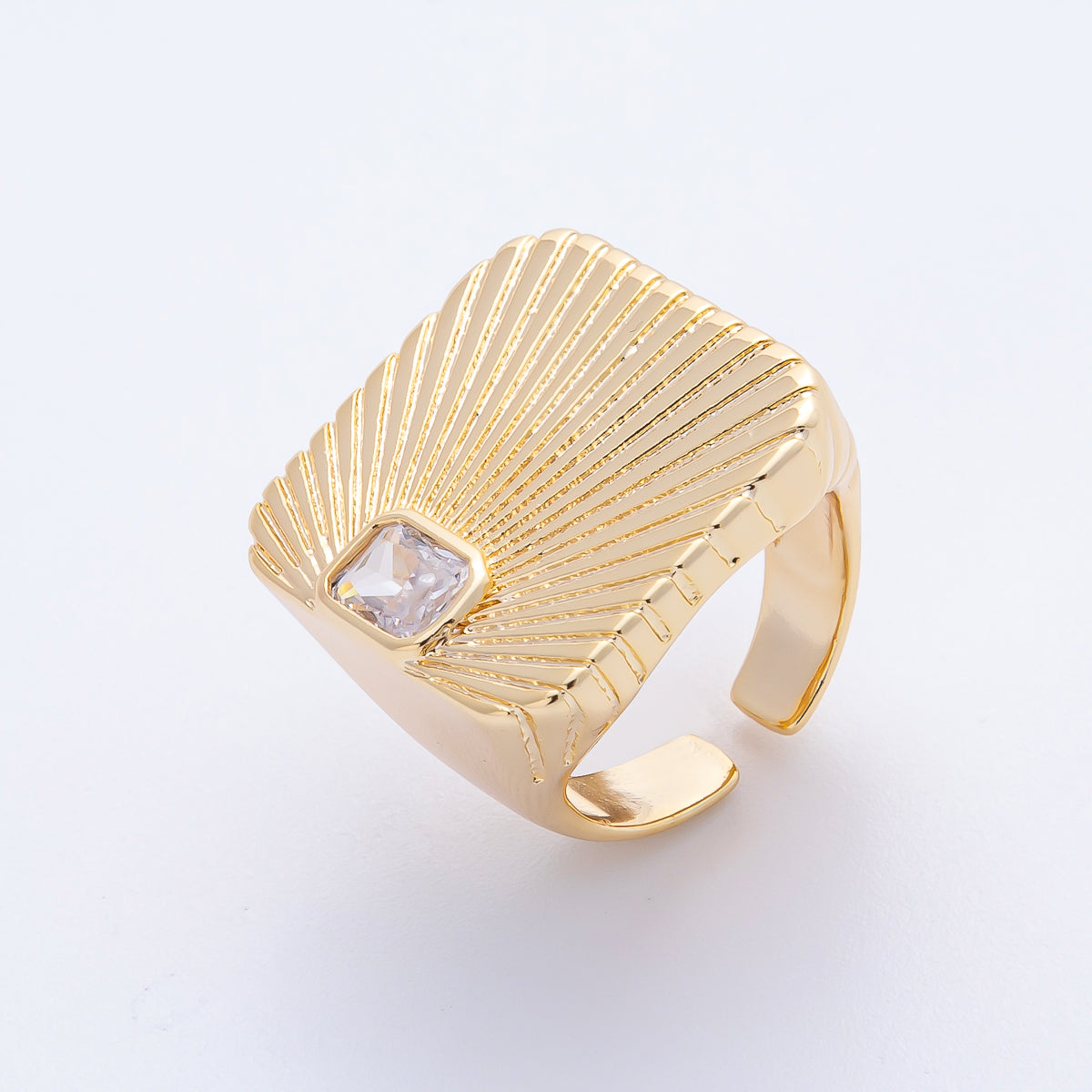 18K Gold Filled Green, Red, Clear Fuchsia Baguette CZ Sunburst Ribbed Signet Ring | O801 O802