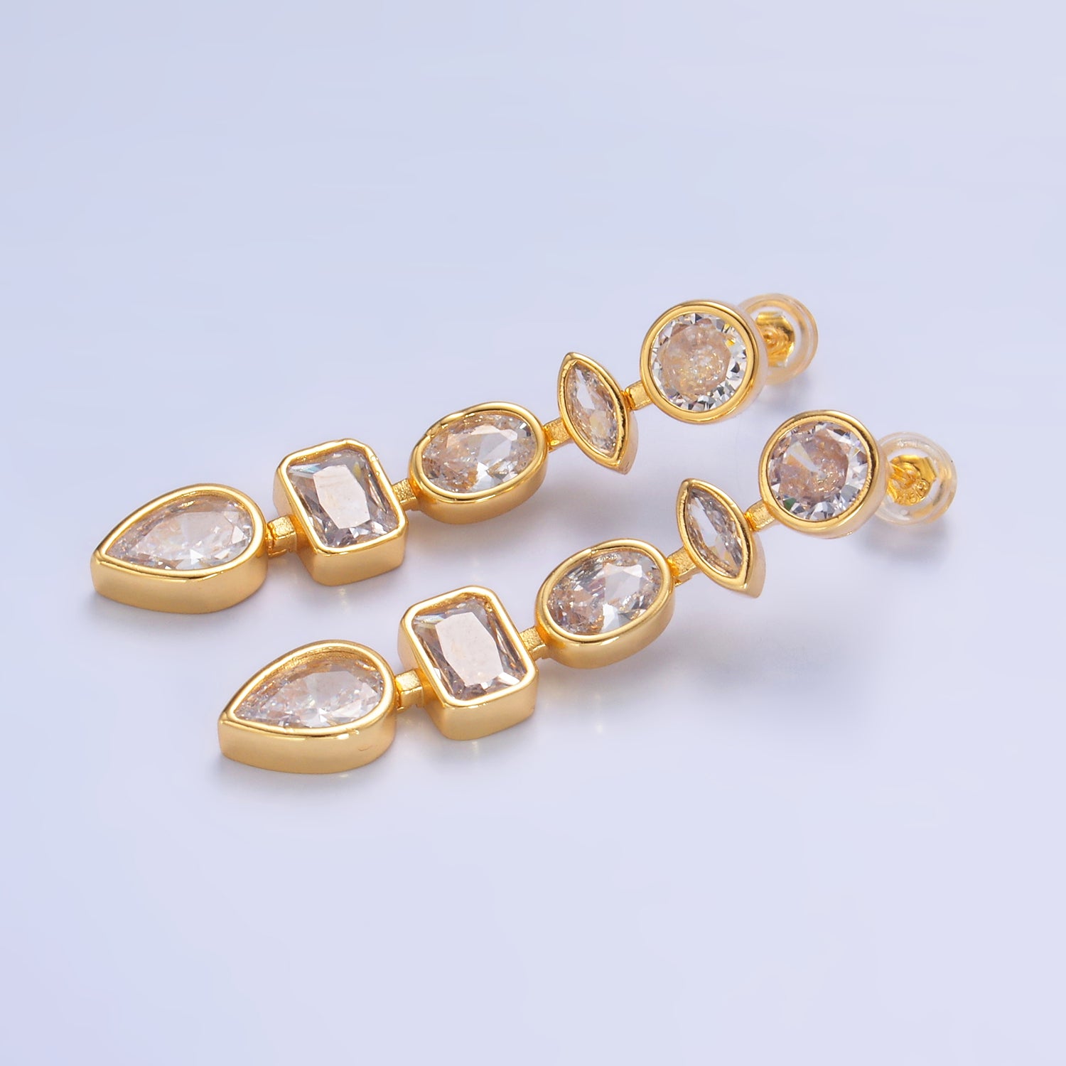 24K Gold Filled Clear CZ Geometric Drop Stud Earrings | V350