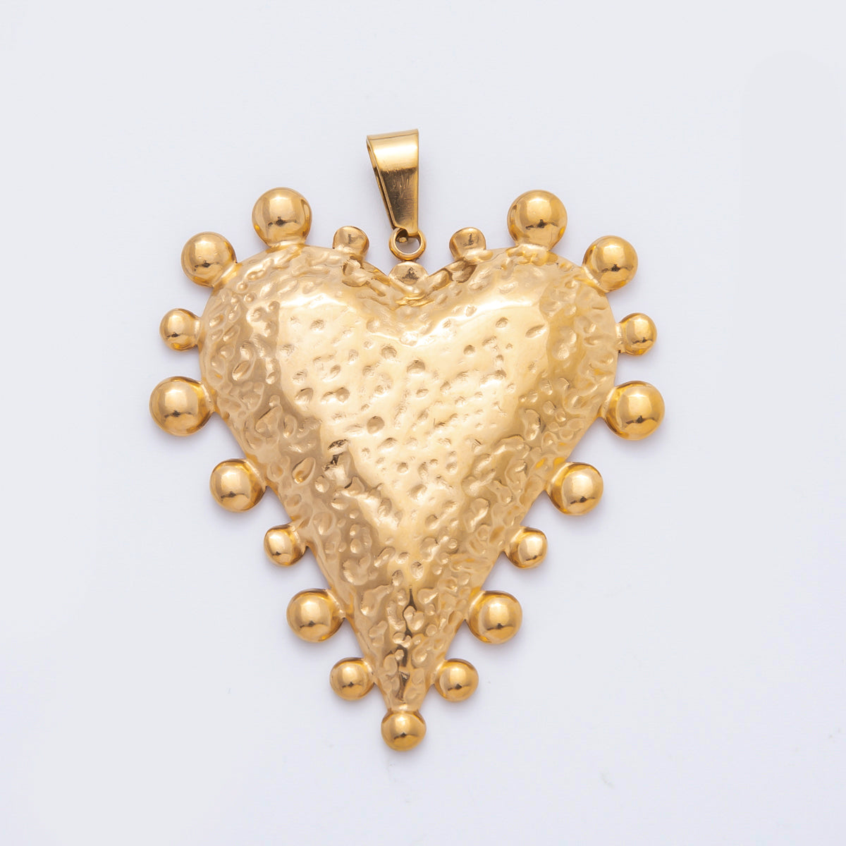 Stainless Steel 49mm Chunky Hammered Heart Beaded Pendant | P-794