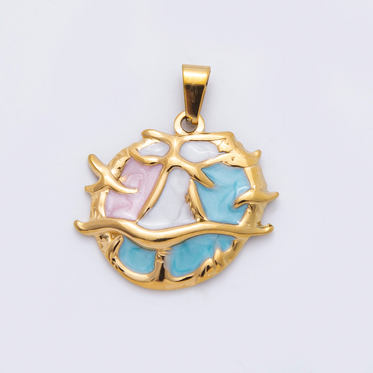 Stainless Steel 32mm Blue White Pink Enamel Art Under the Sea Coral Pendant | P-822