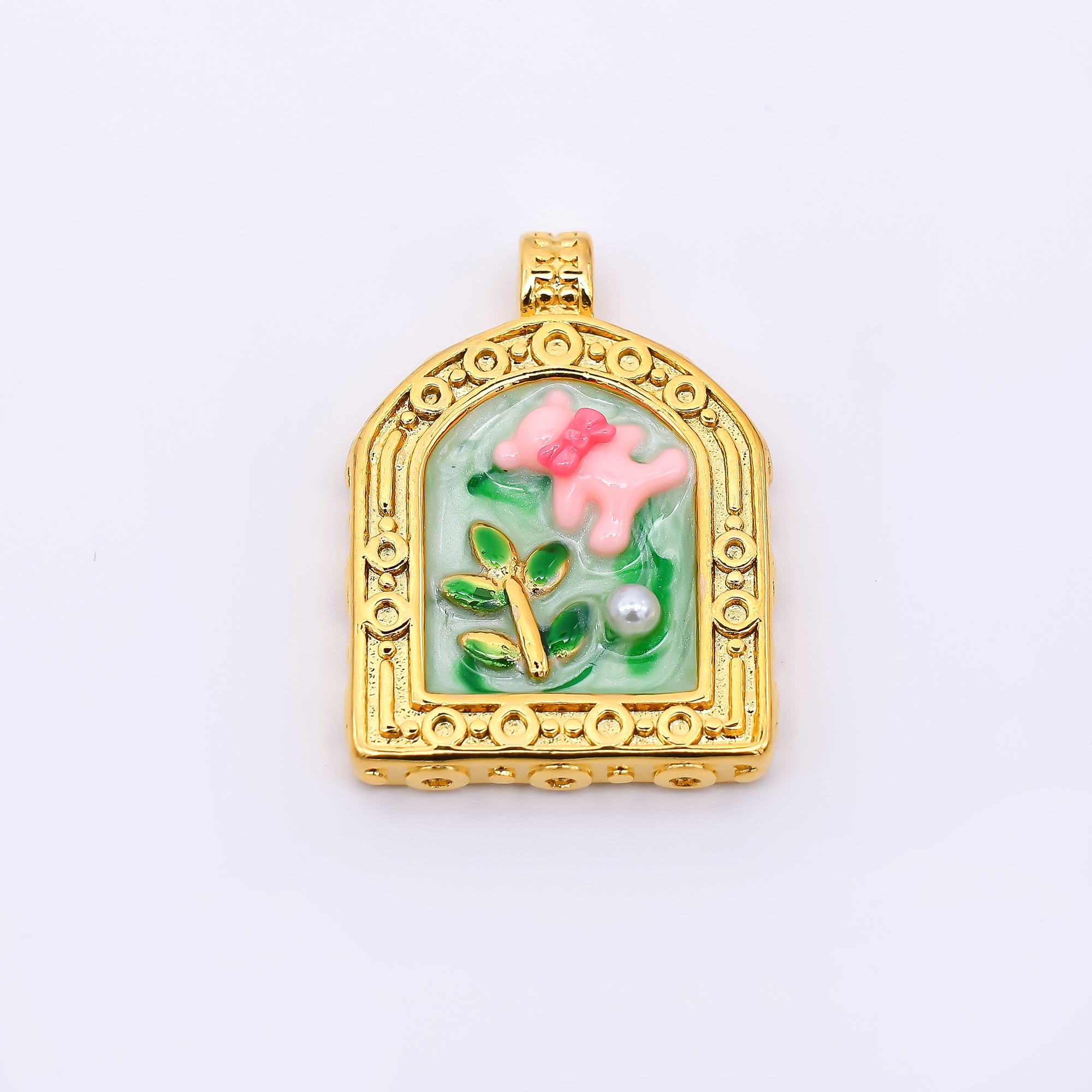 Gold Stainless Steel 30mm Hand-Painted Enamel Teddy Bear and Shell Pearl Pendant in Pink & Green | P663