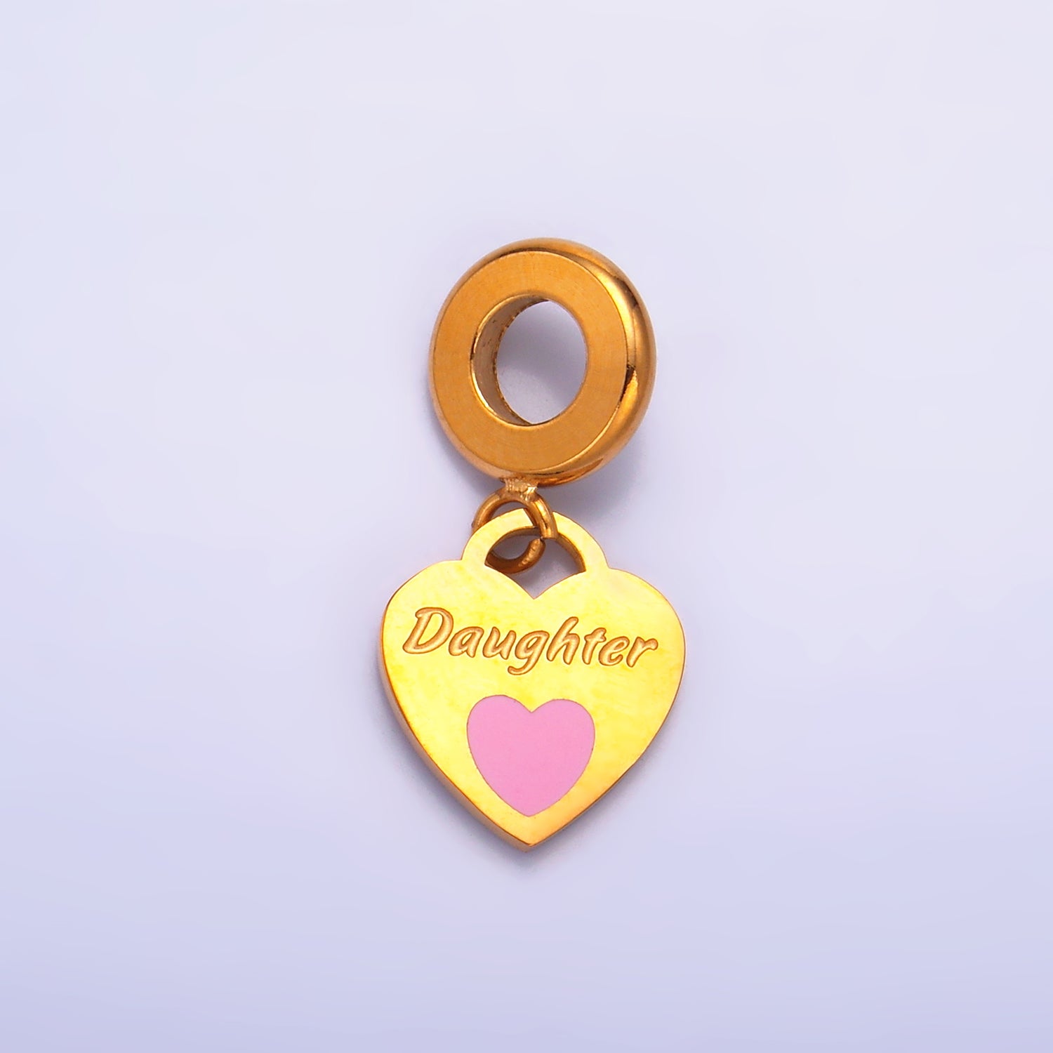 Stainless Steel "Daughter" Script Enamel Heart Padlock Rhondelle Drop Charm | P751