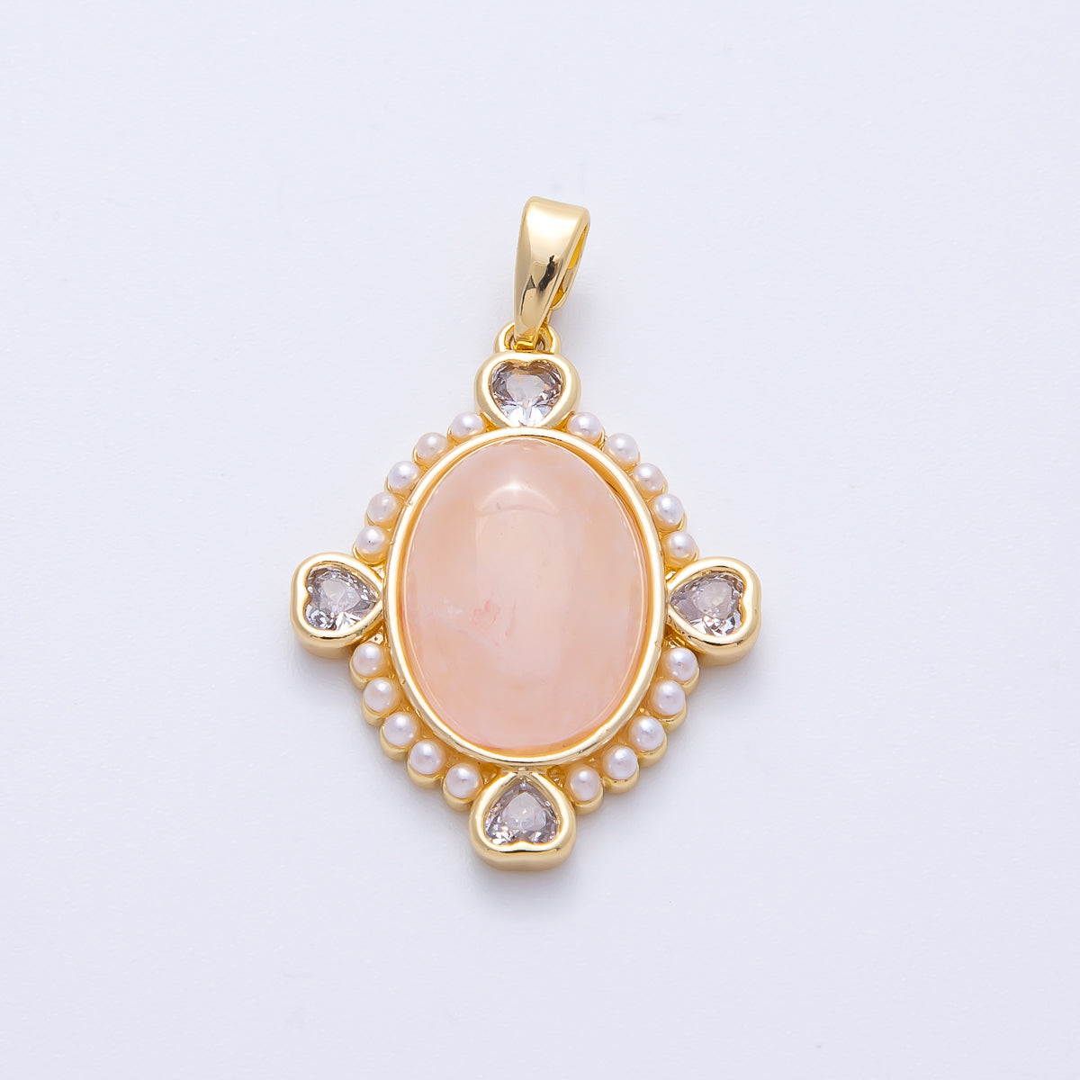 18K Gold Filled 25mm White Shell Pearl Heart CZ Shaped Oval Natural Gemstone Pendant | Charms-00079