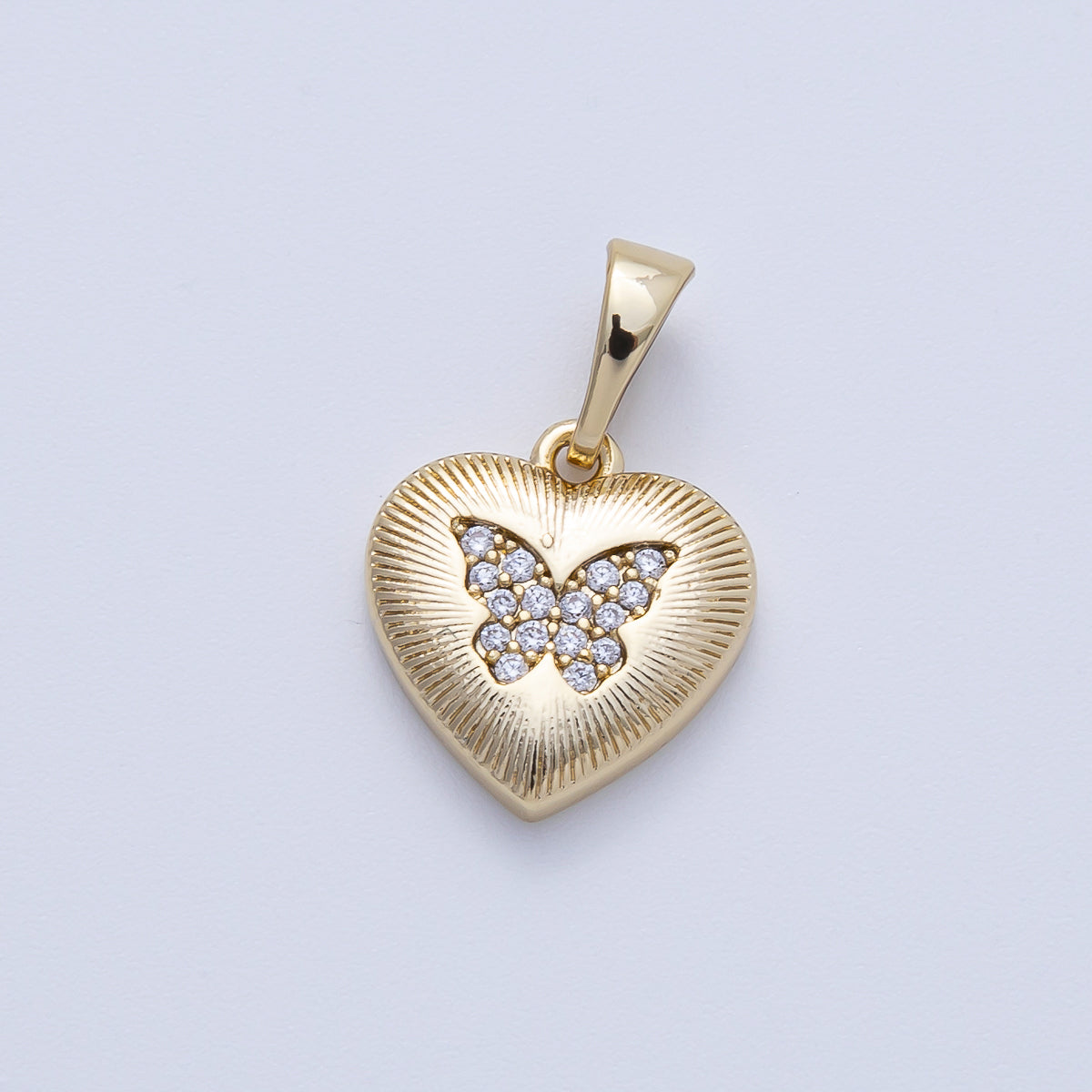 14K Gold Filled 12.5mm Micro Paved CZ Butterfly Ribbed Heart Pendant | Pendants-100111