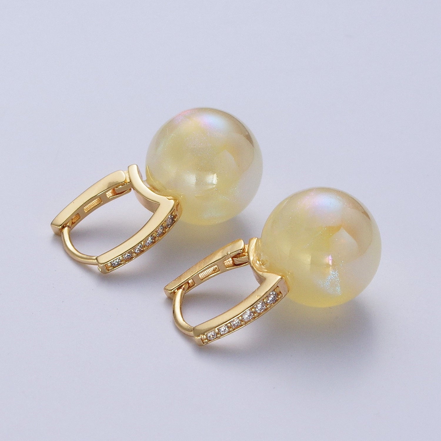 24K Gold Filled Leverback Earrings Small Huggie Hoops Earrings with Round Ball Pastel AB Color Drop Q-339 Q-353
