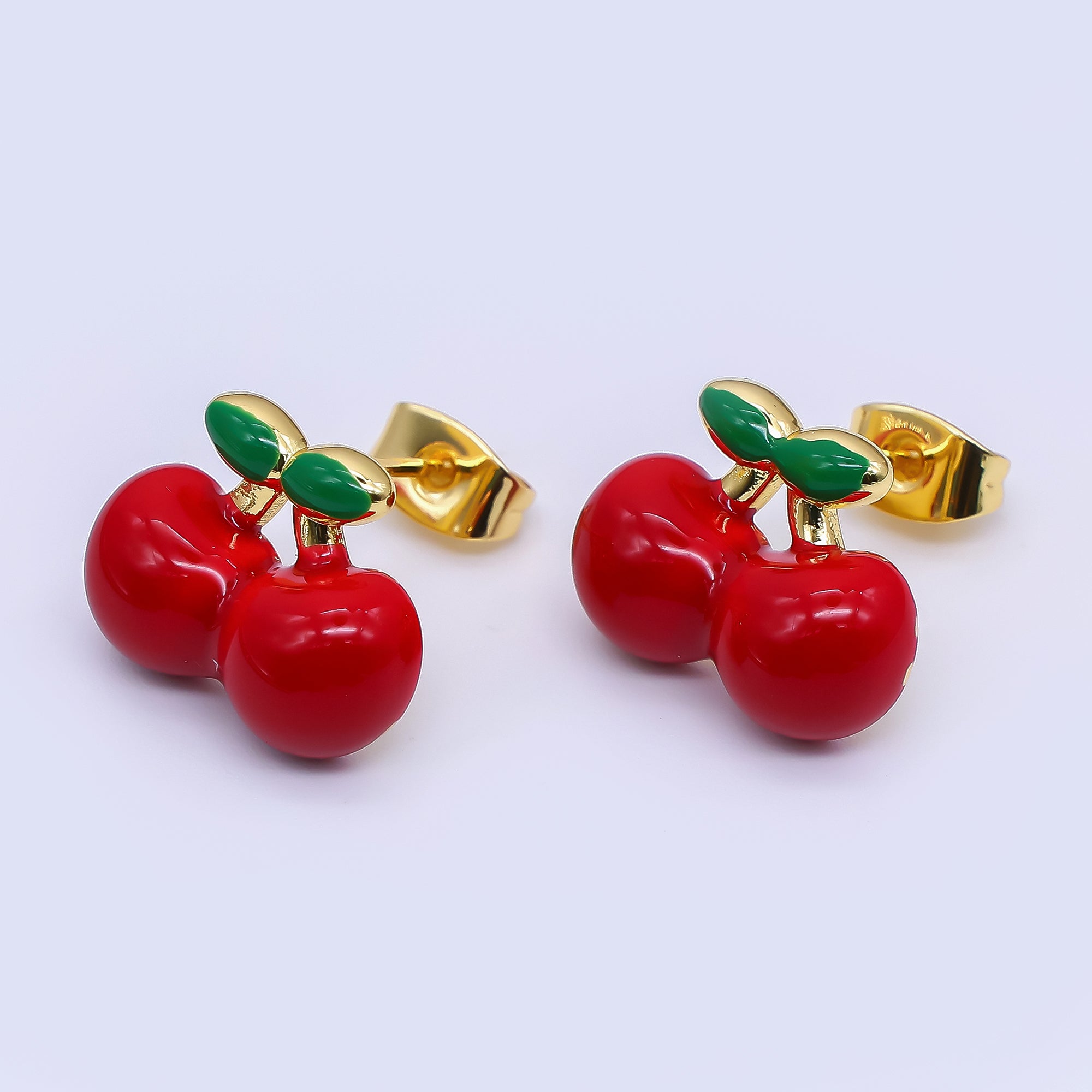 24K Gold Filled 12mm Red Enamel Cherry Fruit Stud Earrings | Q515