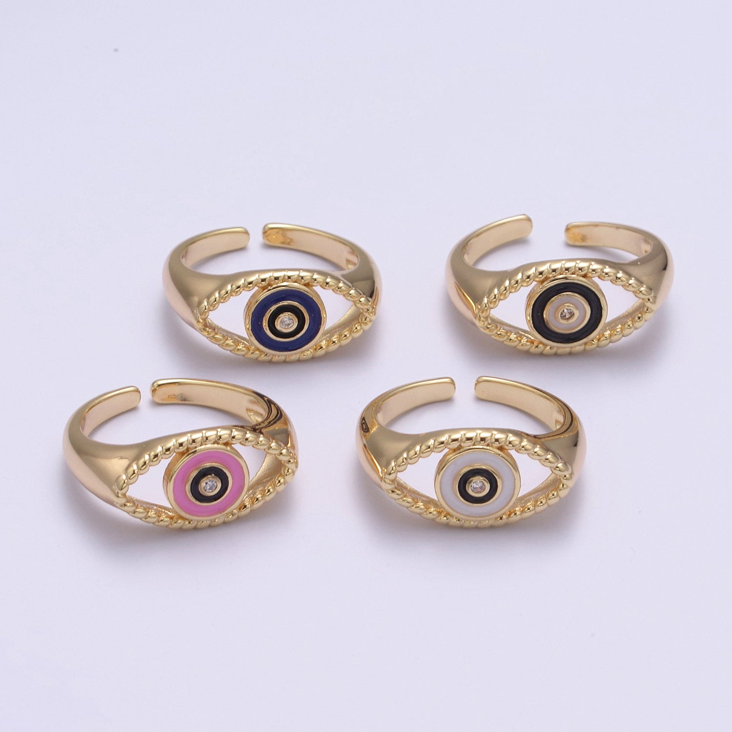 24K Gold Filled Blue, White, Black, Pink Enamel CZ Open Evil Eye Signet Ring | U254 - U257