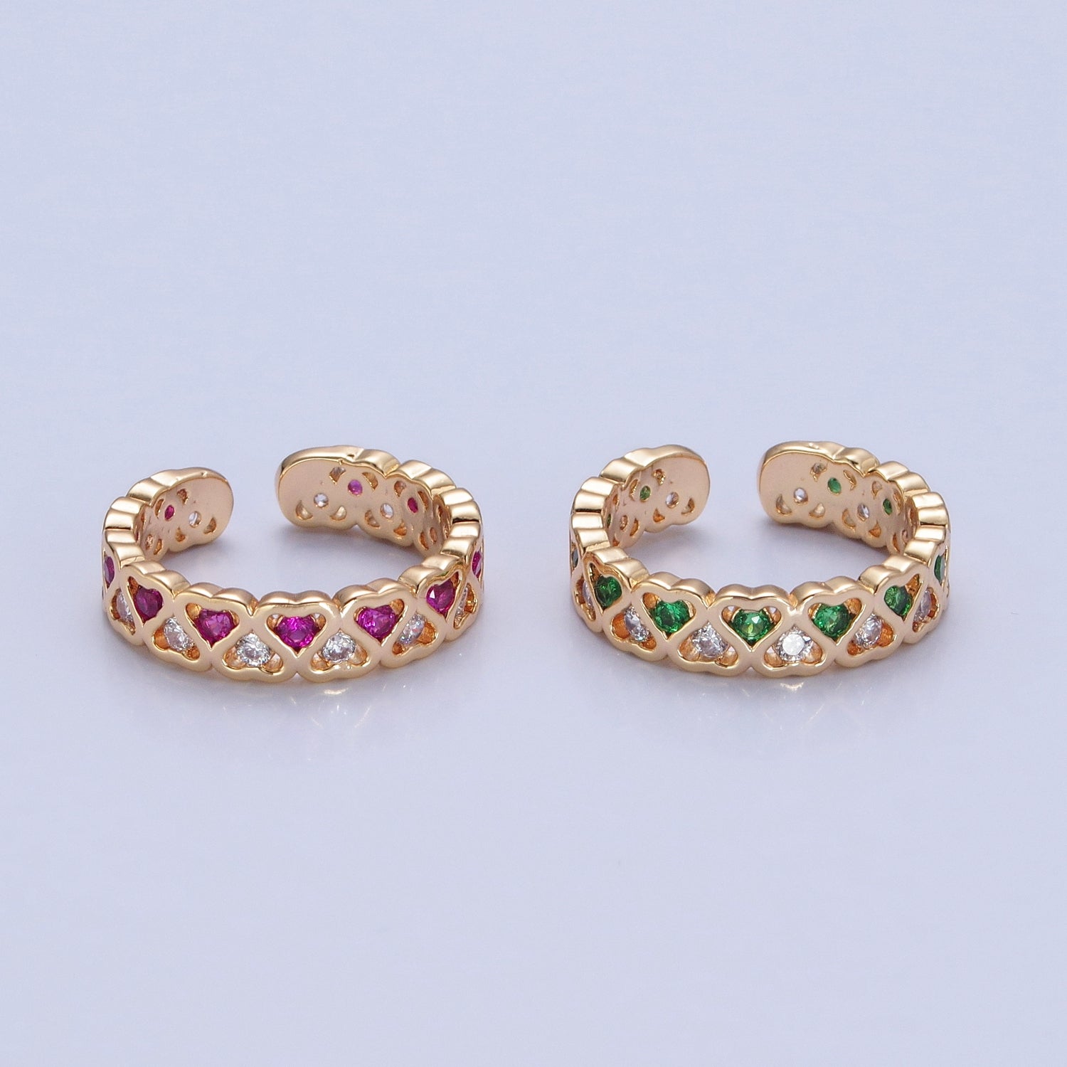 Minimalist Dainty cute CZ rings. Green hearts ring bands. Stacking rings. Gold plated rings O-735 O-736 Pink
