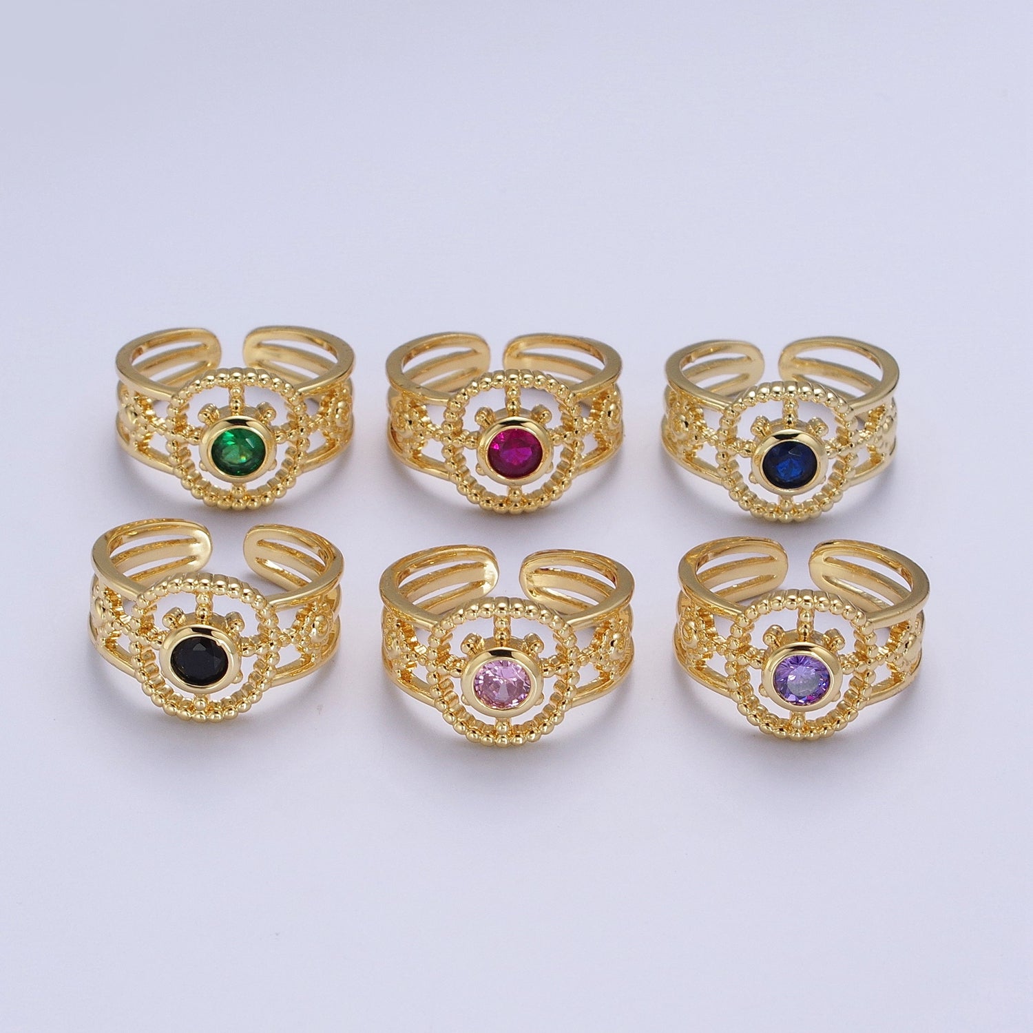 Green, Pink, Blue, Fuchsia, Purple, Black CZ Beaded Bubble Celestial Sun Flower Double Band Ring | O078 - O083