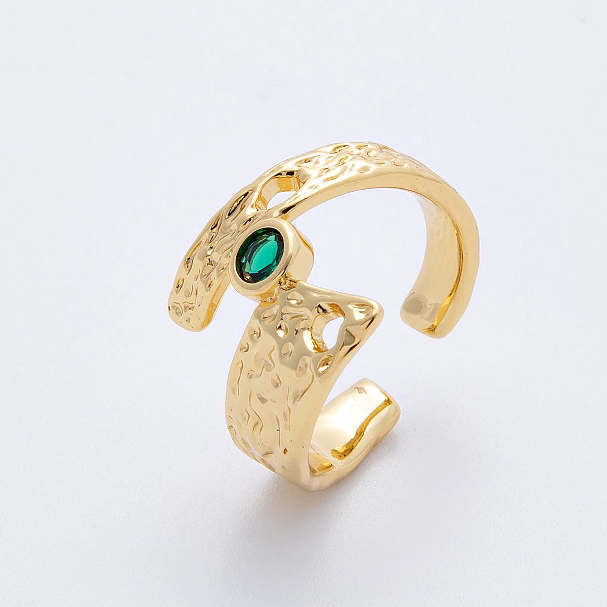 16K Gold Filled Green CZ Geometric Hammered Ring | Rings-00027