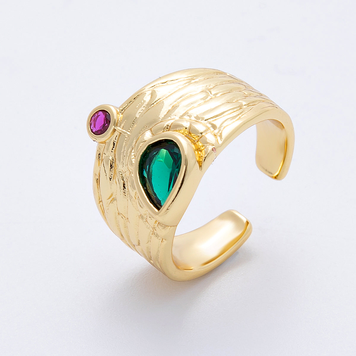 16K Gold Filled Green Fuchsia CZ Textured Wide Band Ring | Rings-00028