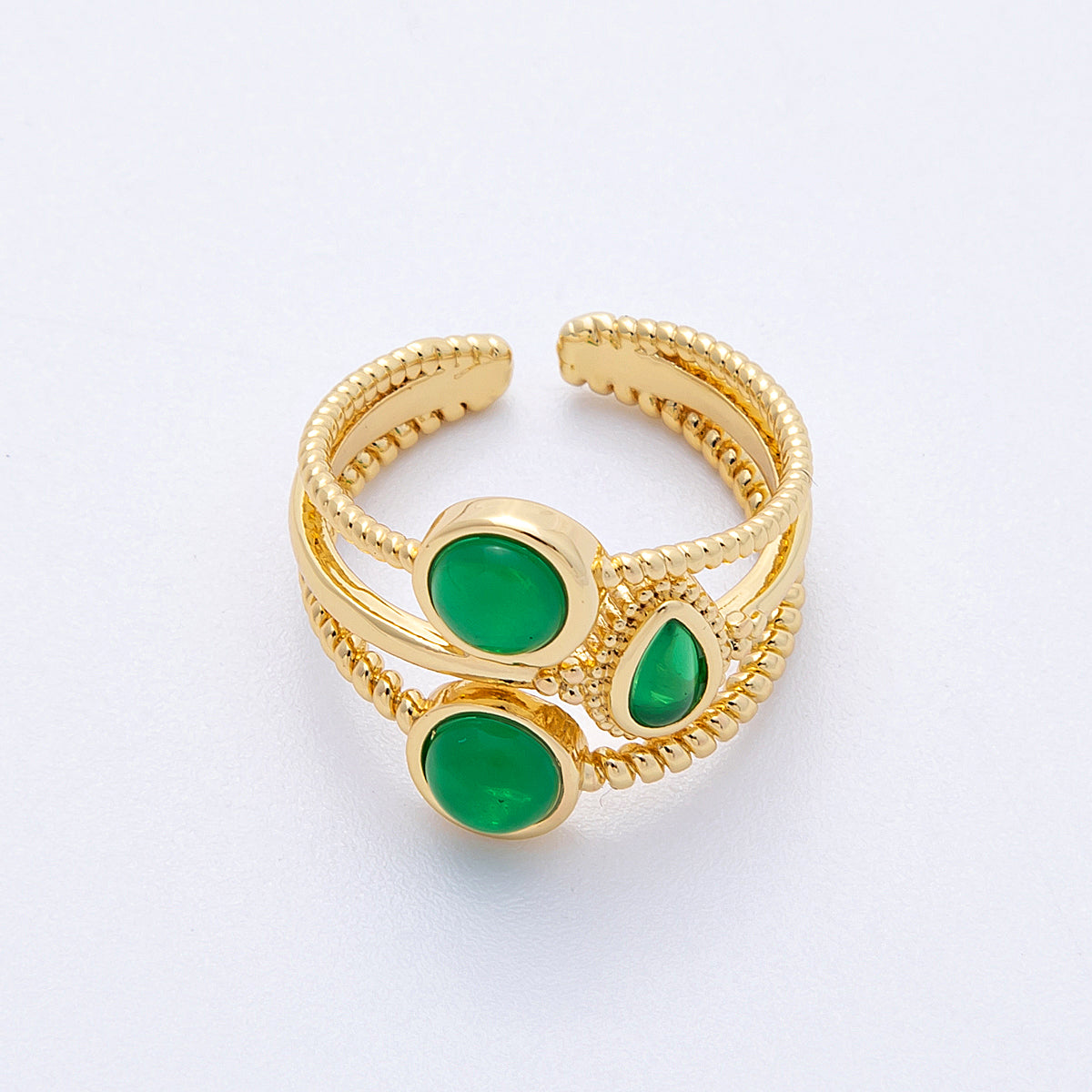 16K Gold Filled Green Gemstone Geometric Croissant Twist Triple Band Ring | Rings-00031